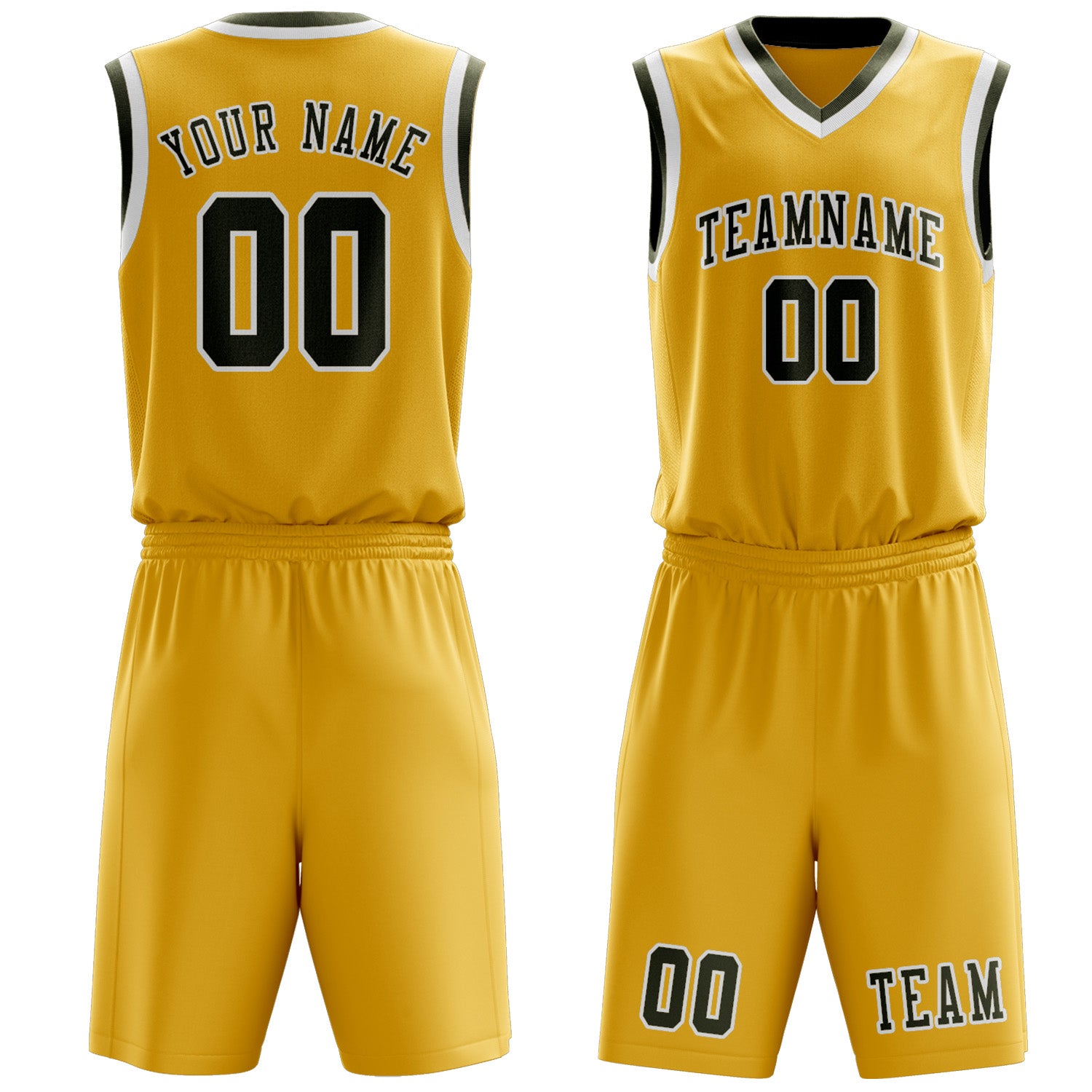 Benutzerdefiniertes Professionelles Gold Dunkles Oliv Basketballtrikot-Set