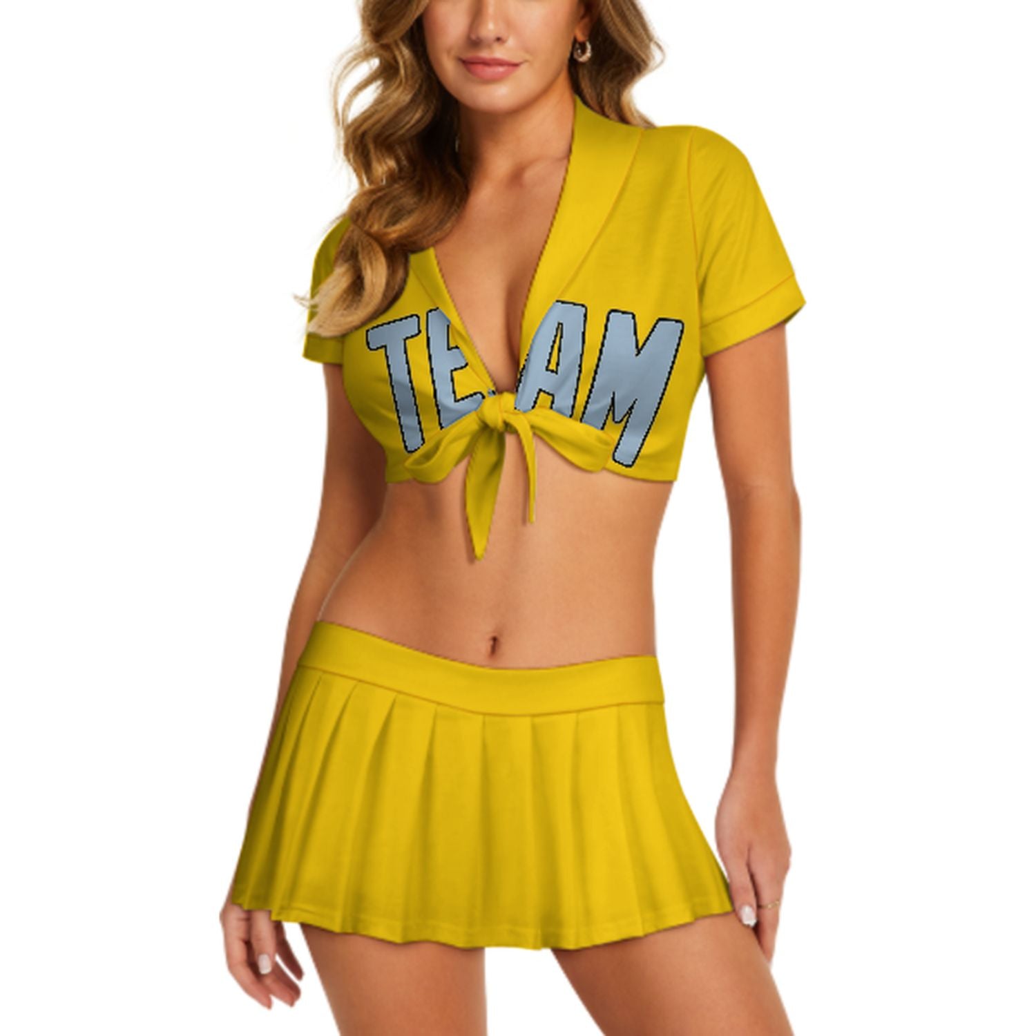 Maßgeschneidertes Gold Hellblau Cheerleader Outfit Set