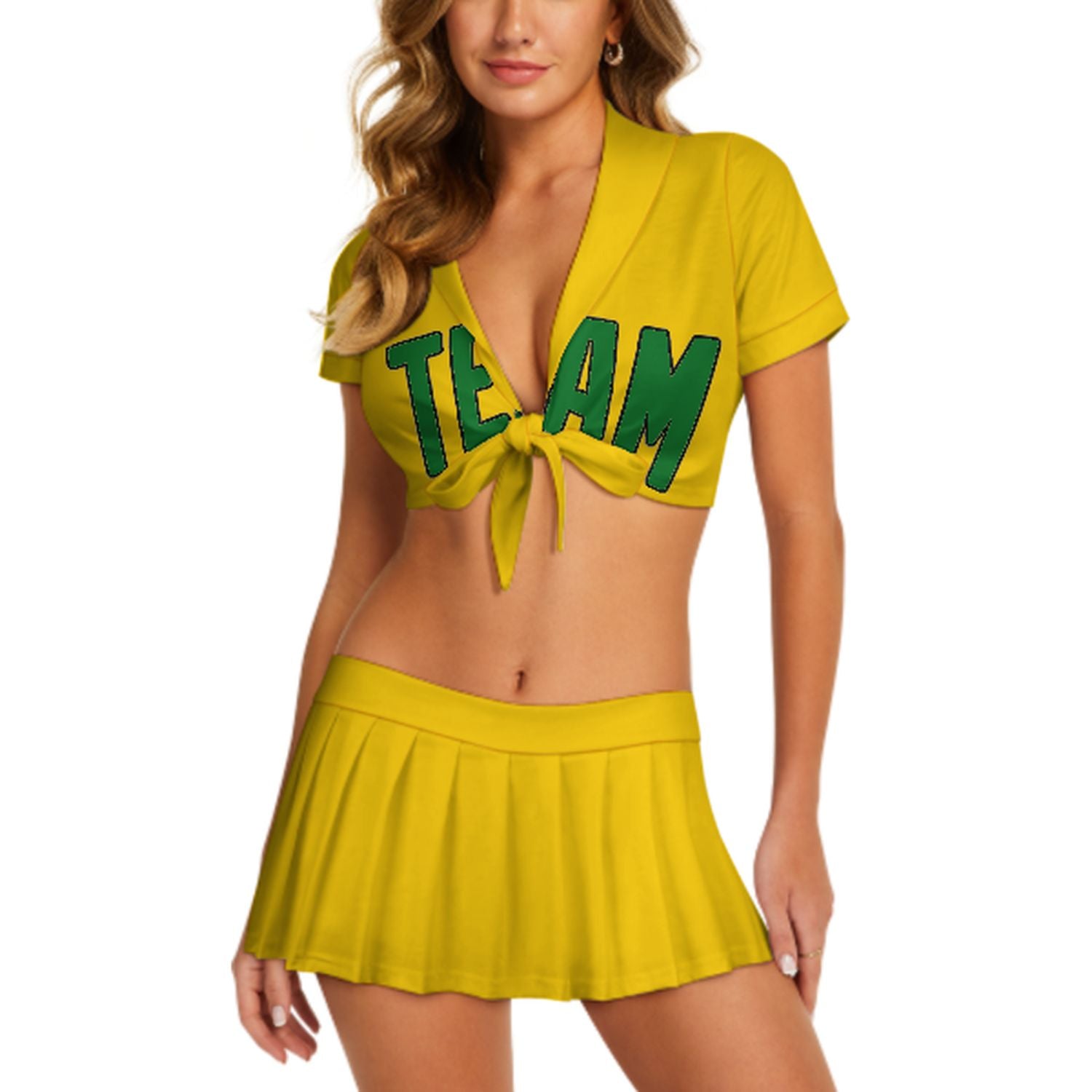 Maßgeschneidertes Gold Smaragdgrün Cheerleader Outfit Set