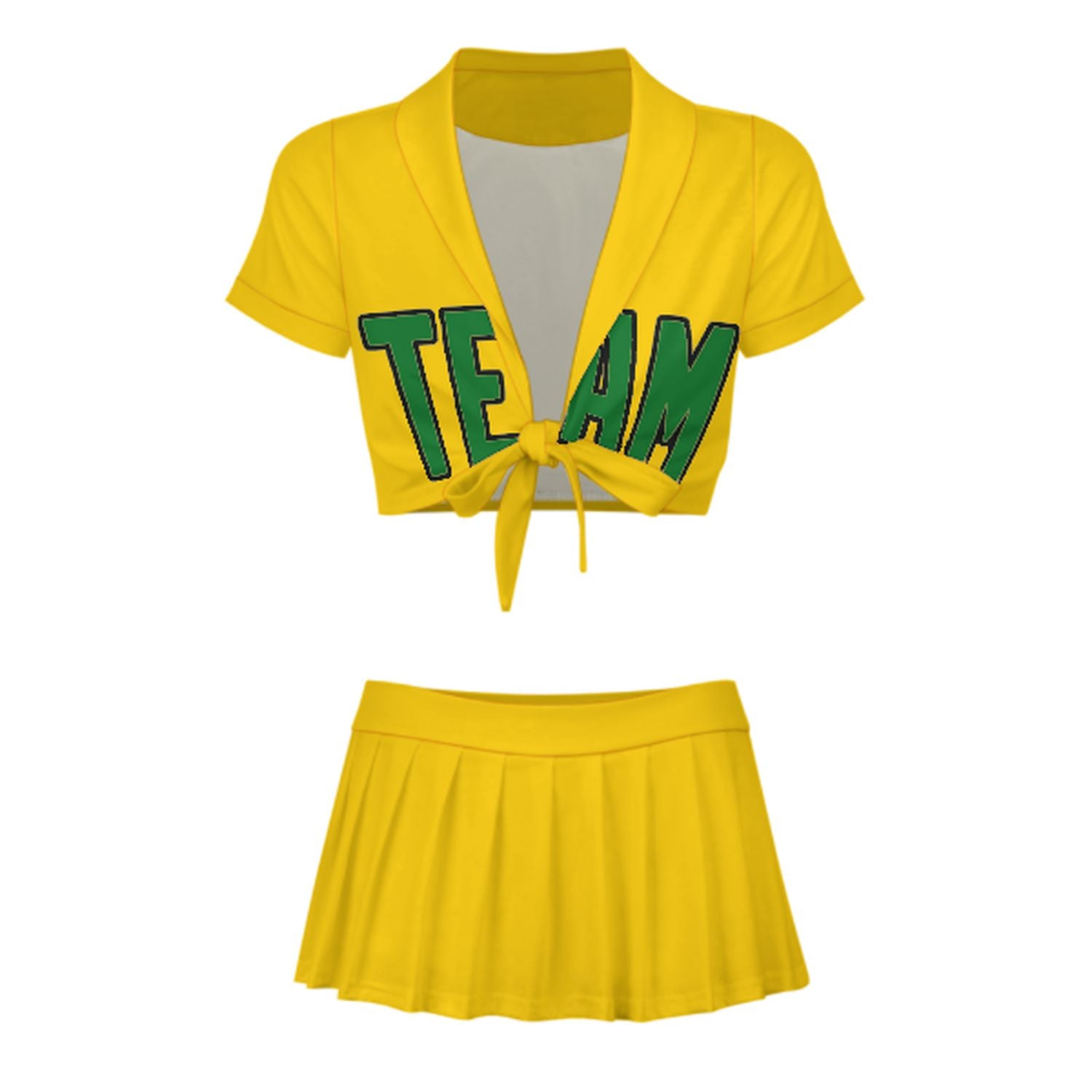 Maßgeschneidertes Gold Smaragdgrün Cheerleader Outfit Set