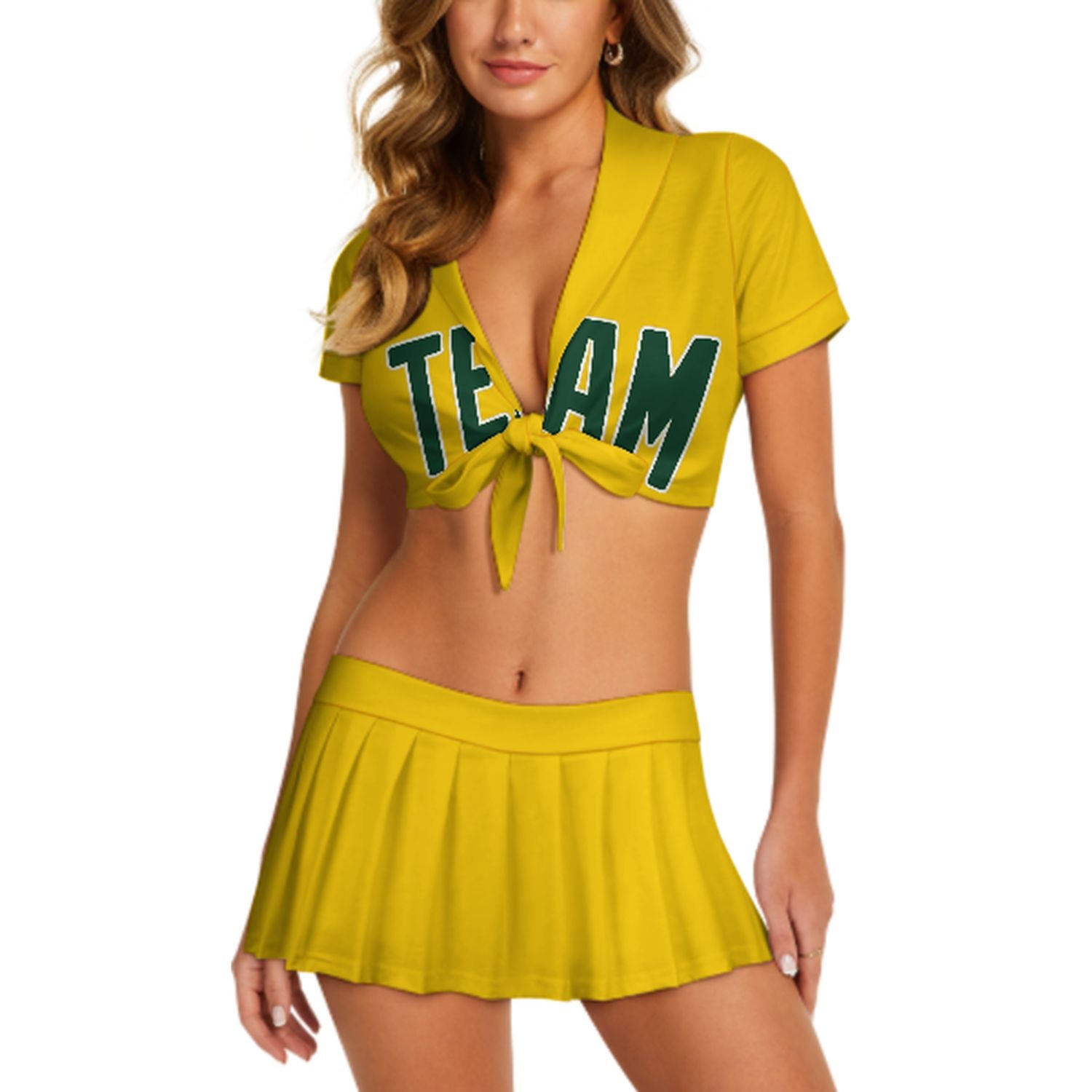 Maßgeschneidertes Gold Moosgrün Cheerleader Outfit Set