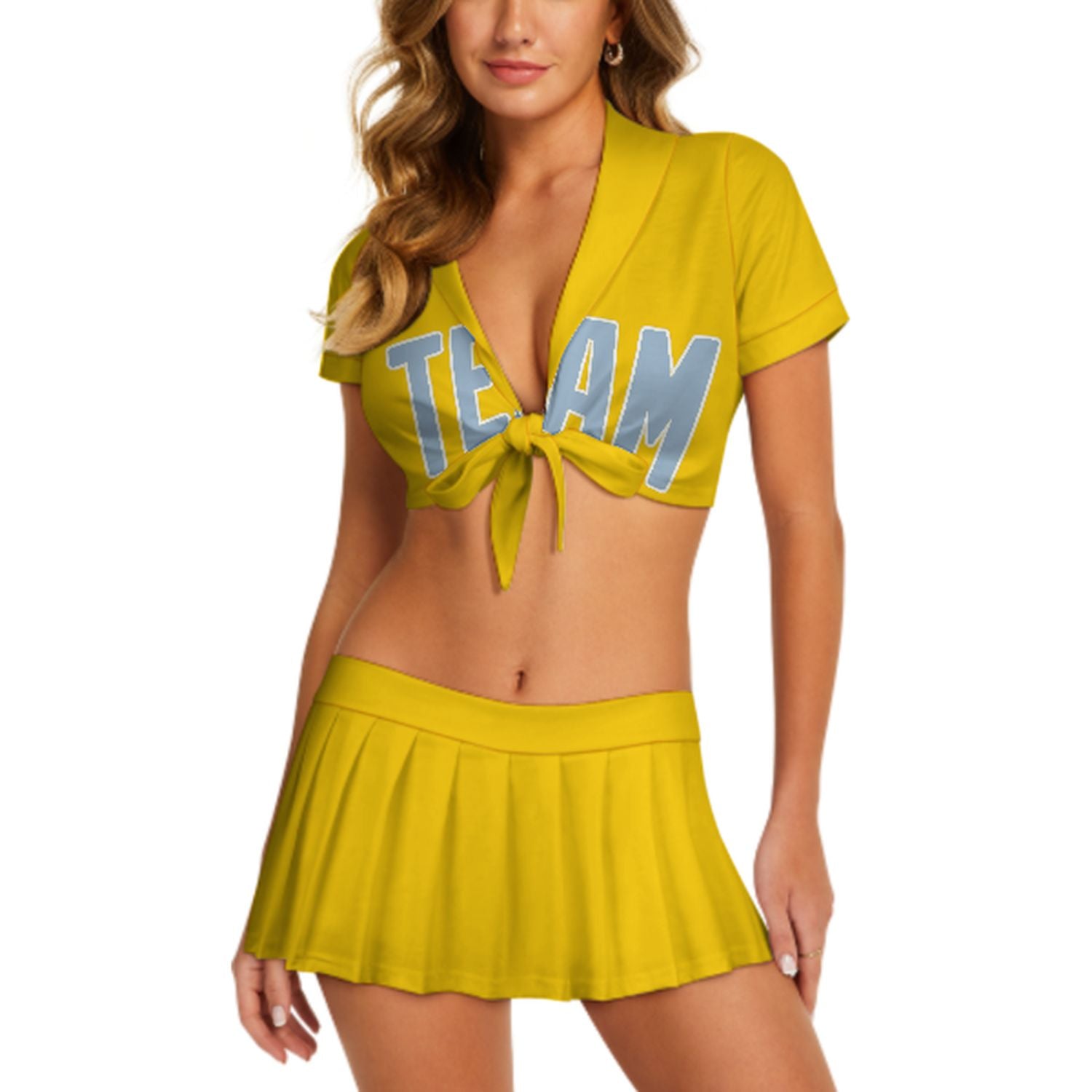 Maßgeschneidertes Gold Hellblau Cheerleader Outfit Set