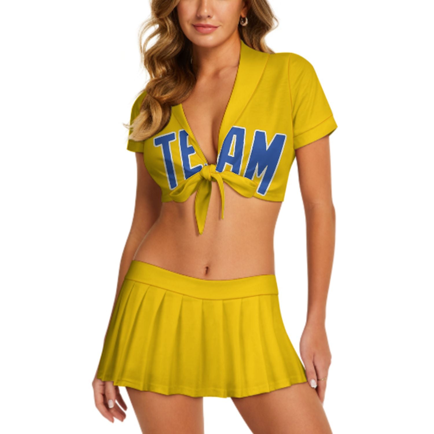 Maßgeschneidertes Gold Himmelblau Cheerleader Outfit Set