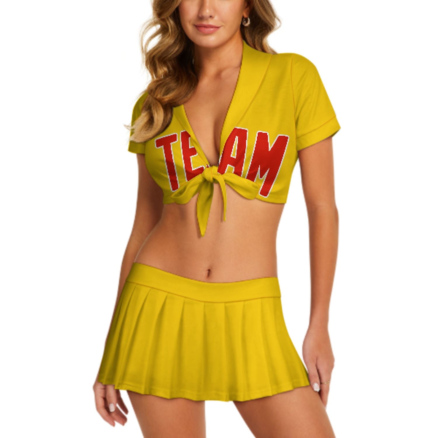 Maßgeschneidertes Gold Orangerot Cheerleader Outfit Set
