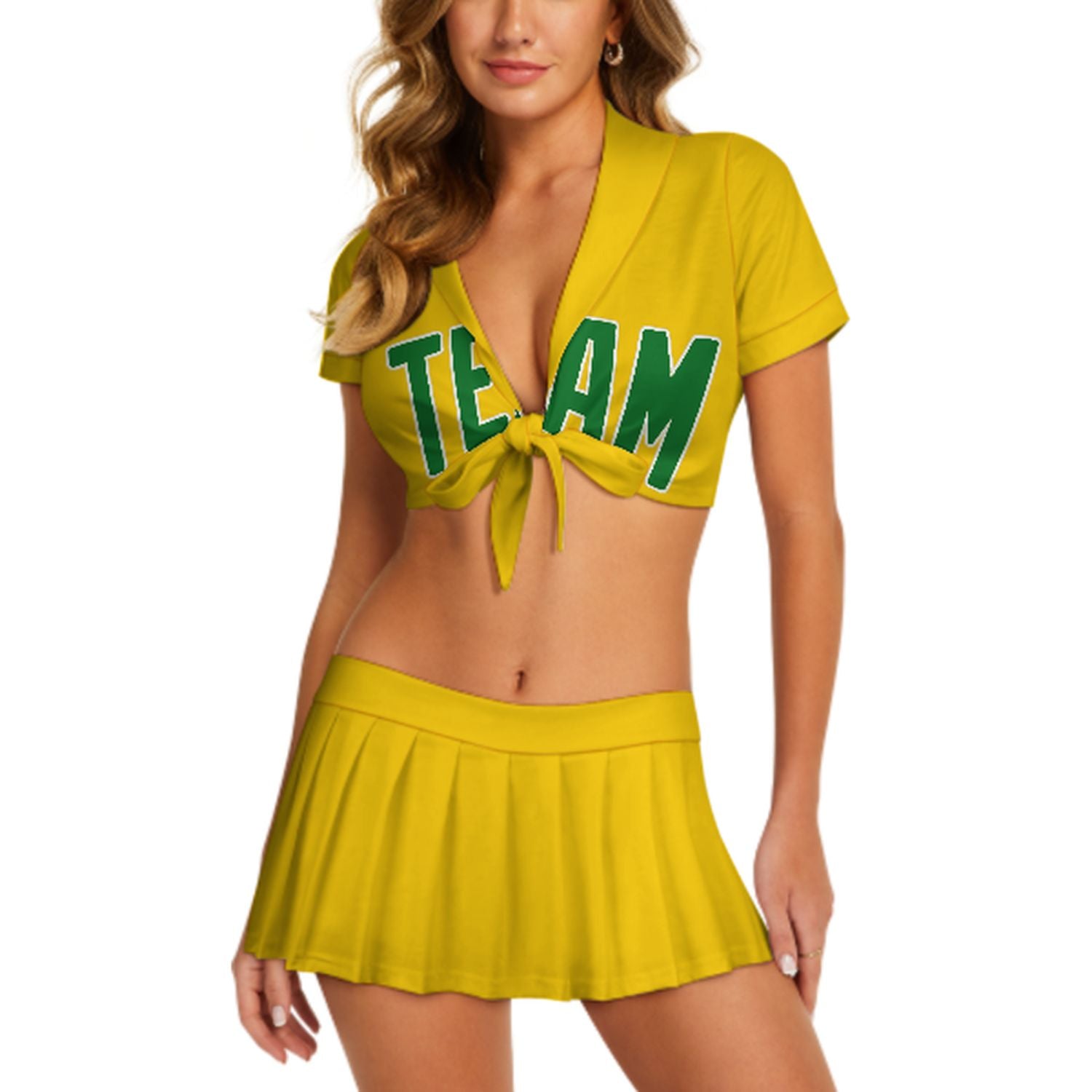 Maßgeschneidertes Gold Smaragdgrün Cheerleader Outfit Set