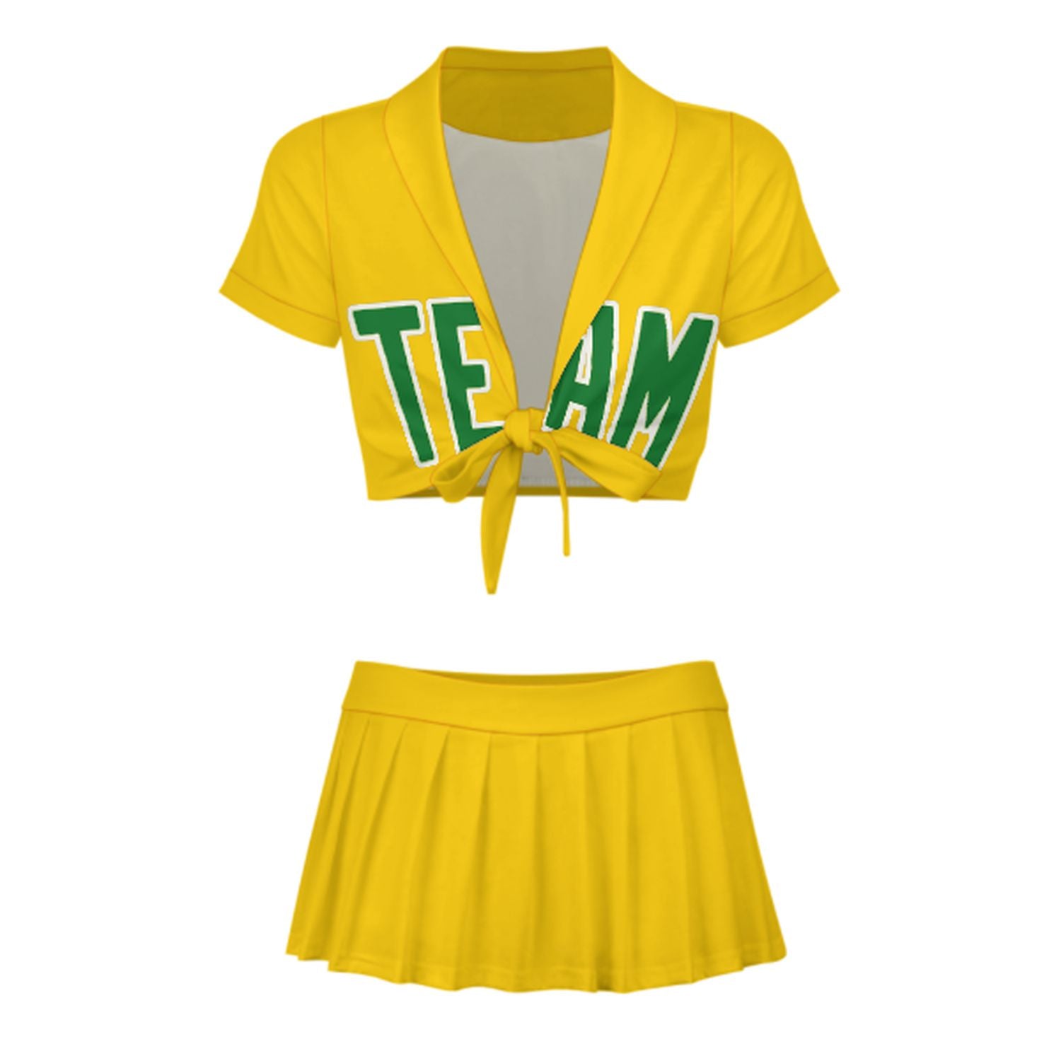 Maßgeschneidertes Gold Smaragdgrün Cheerleader Outfit Set