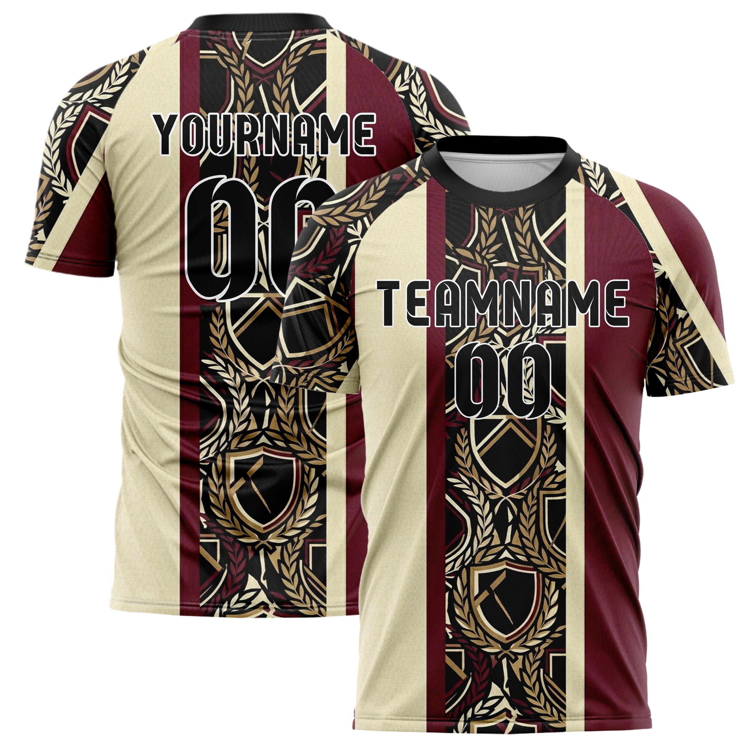Schwarz Gold Creme Bordeauxrot Wappen Fragment Gitter individuelles Fußballtrikot