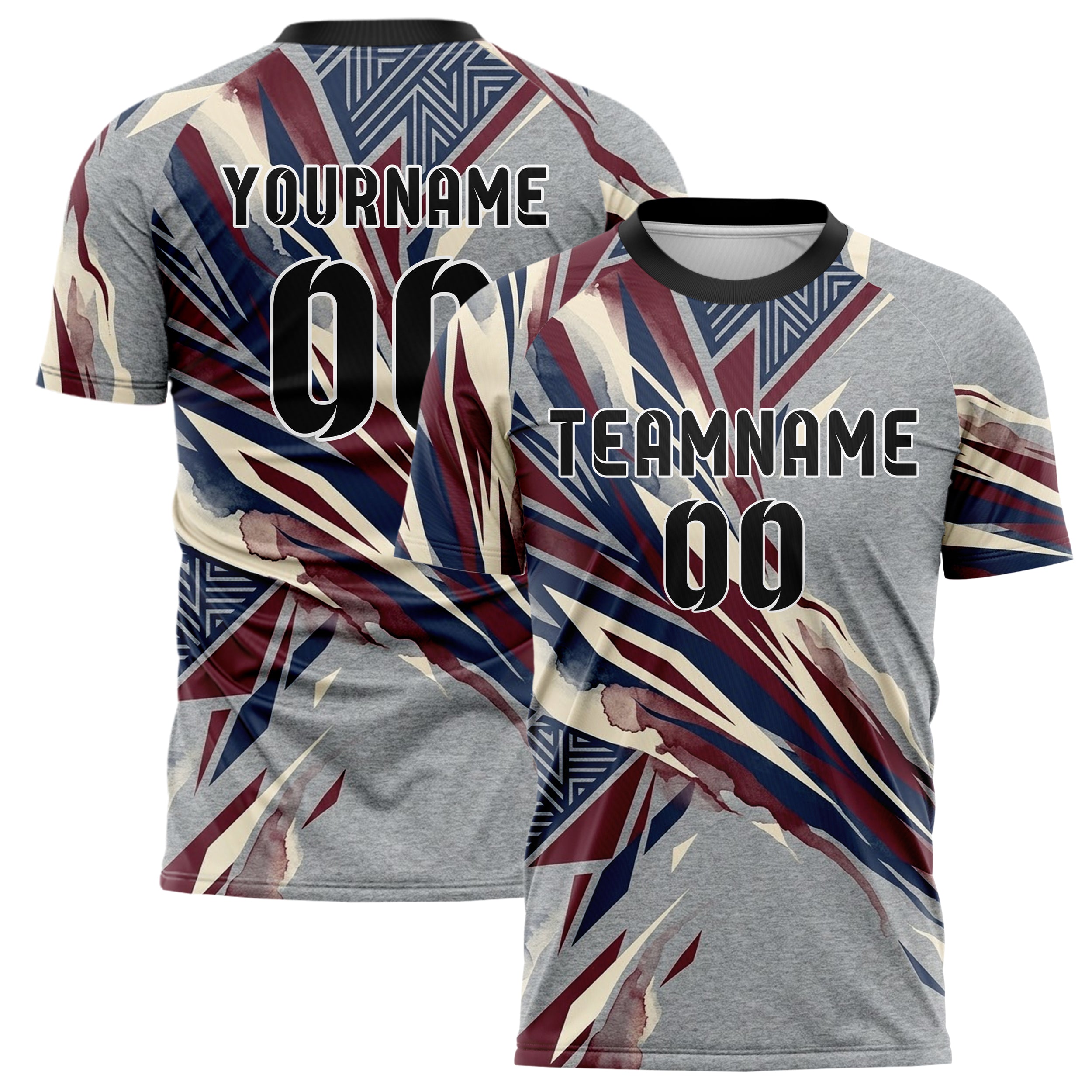 Meliertes Grau Marineblau Kastanienbraun Creme Campus Banner Geometrie individuelles Fußballtrikot