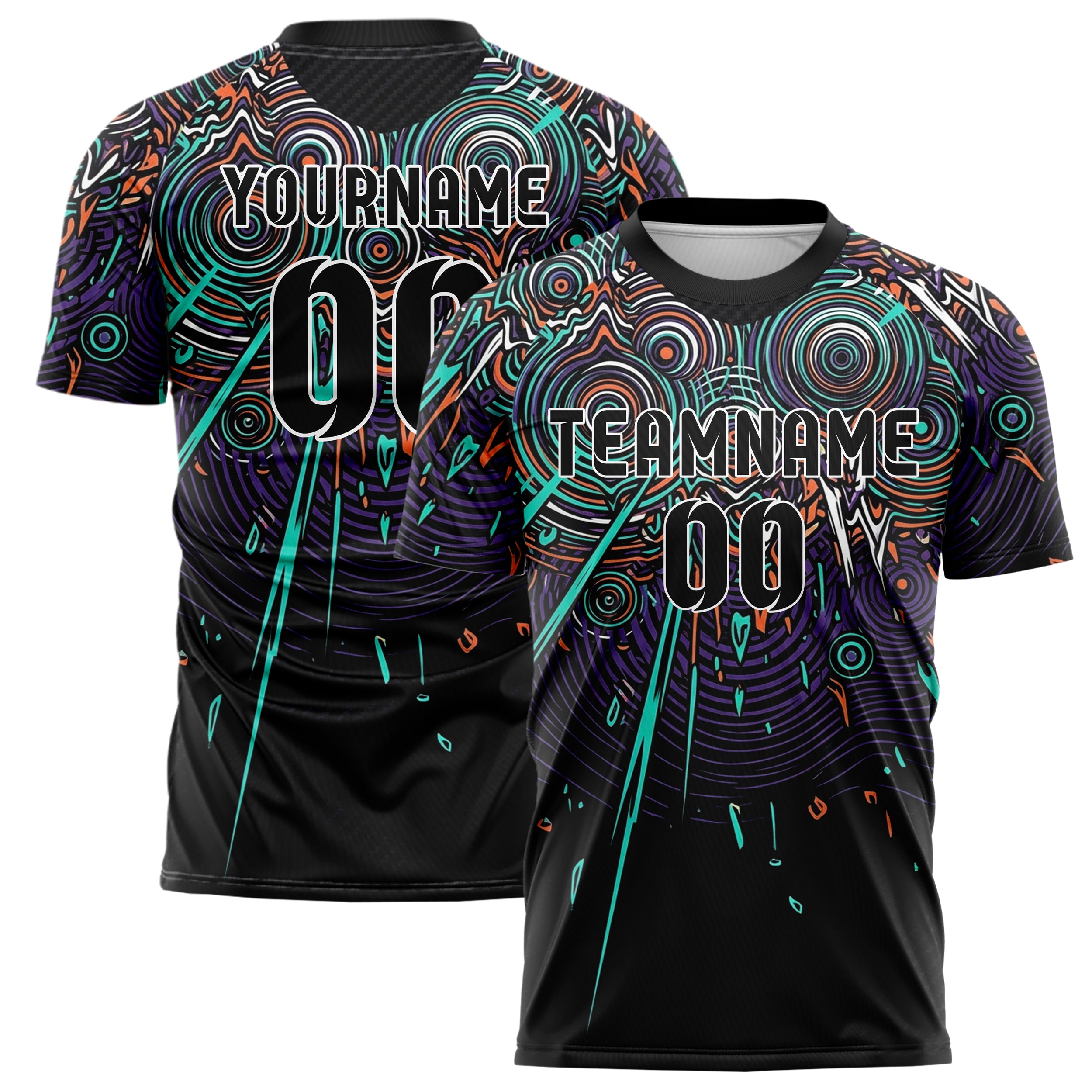 Schwarz Petrol Orange Lila Weiß psychedelisch Wellen Netzwerk individuelles Fußballtrikot