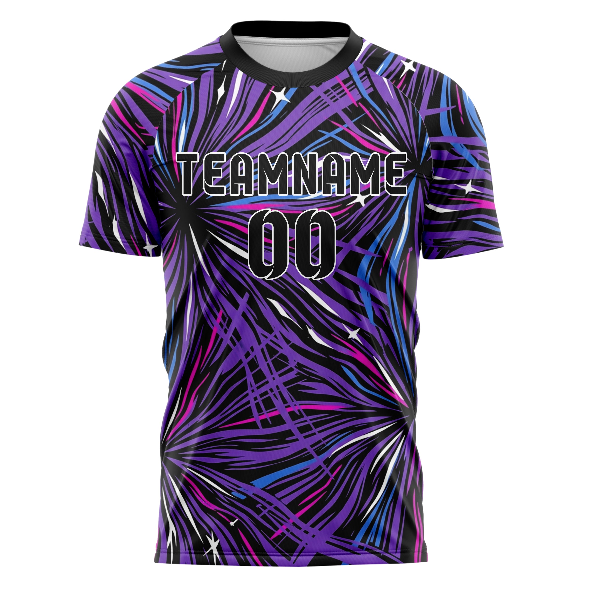 Schwarz UV Lila Elektroblau Magenta Weiß flüssig Licht Rave Strom individuelles Fußballtrikot