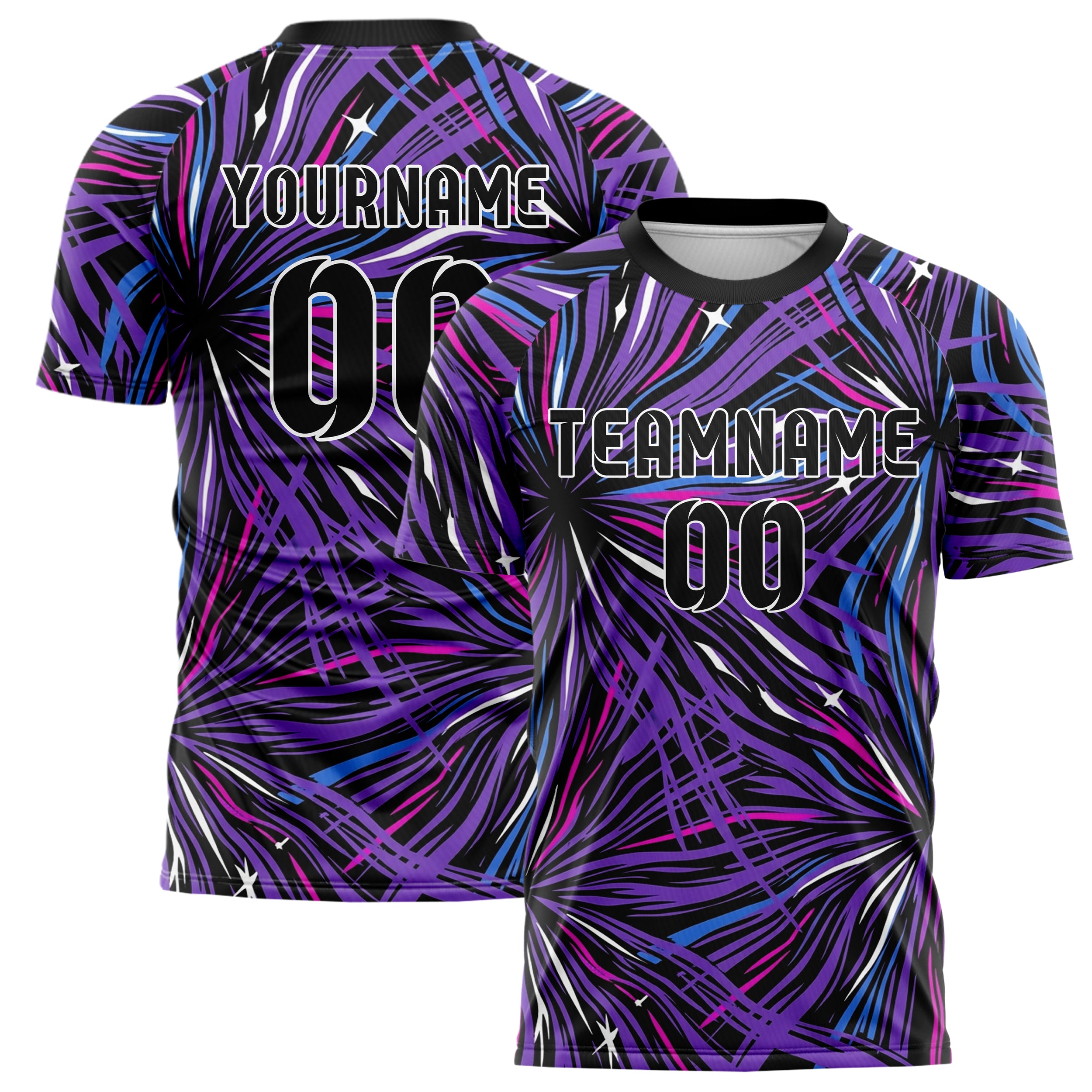 Schwarz UV Lila Elektroblau Magenta Weiß flüssig Licht Rave Strom individuelles Fußballtrikot