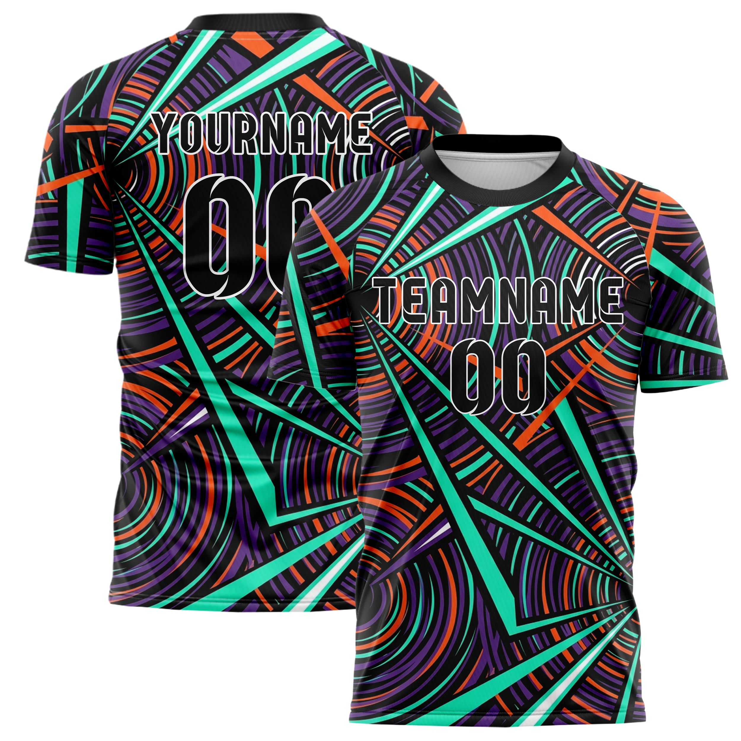 Schwarz Petrol Orange Lila Weiß psychedelisch Wellen Netzwerk individuelles Fußballtrikot