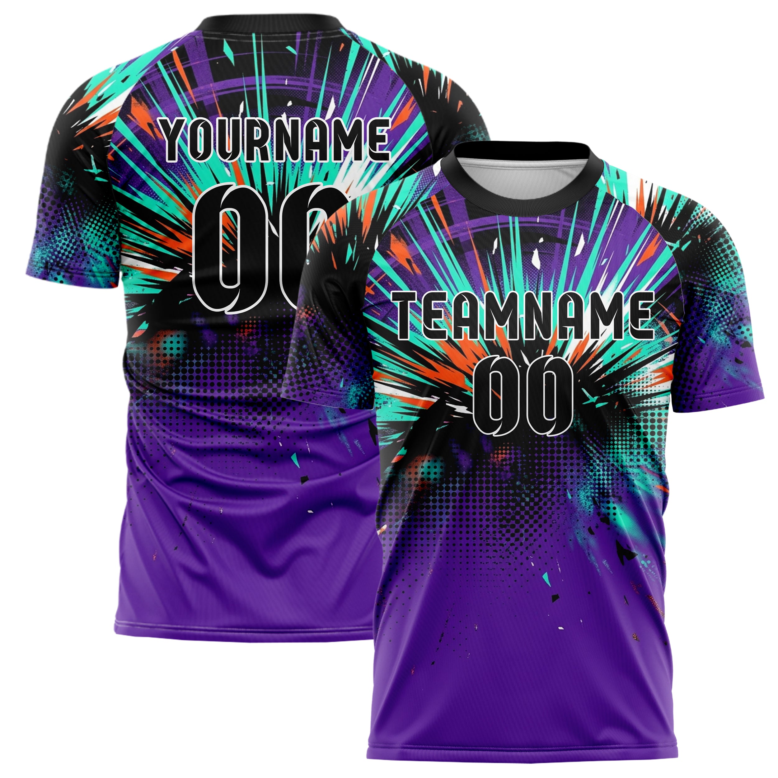 Schwarz Petrol Orange Lila Weiß Basspuls Eruption individuelles Fußballtrikot