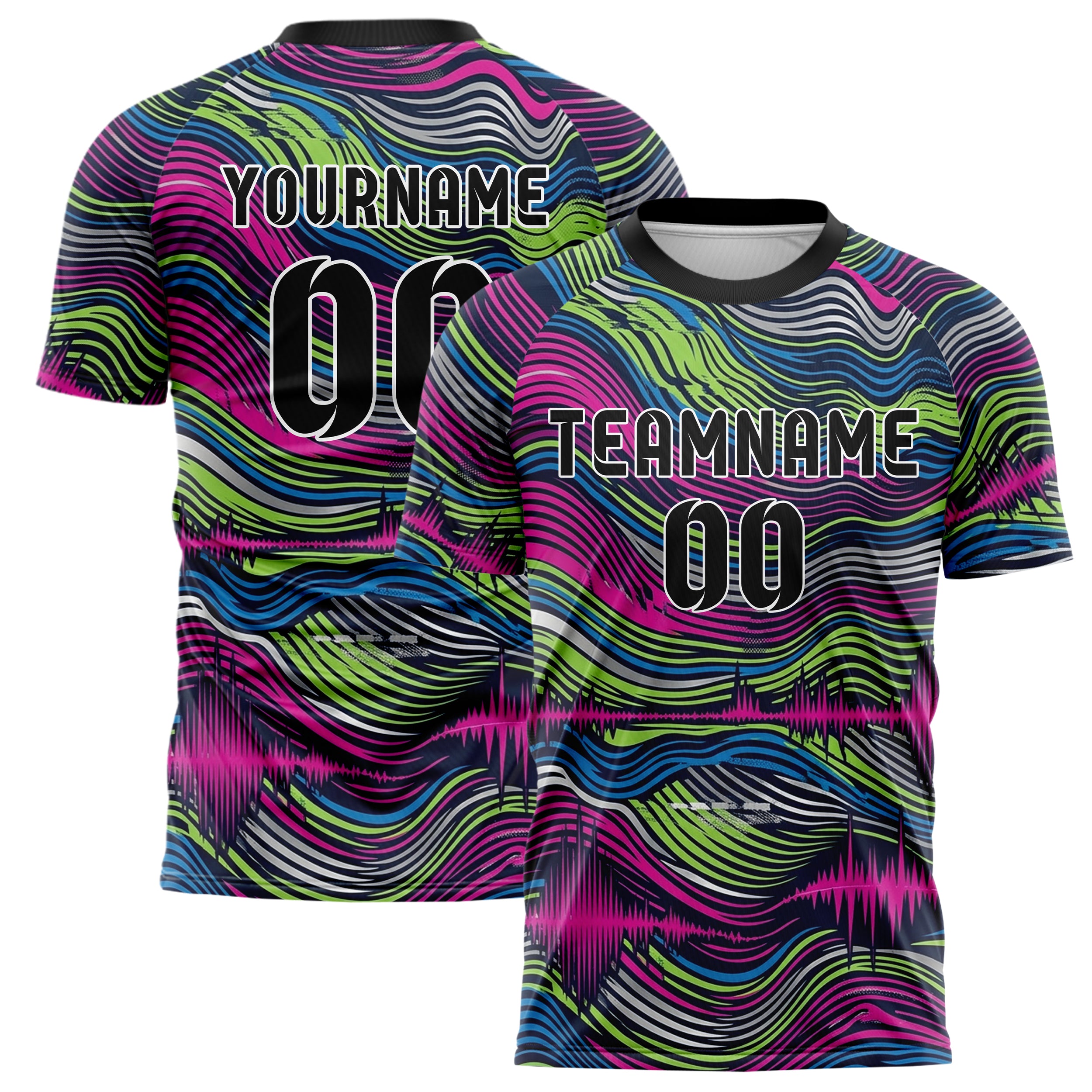 Marineblau Magenta Limette Blau Silber Aural Wellenform Kaskade individuelles Fußballtrikot