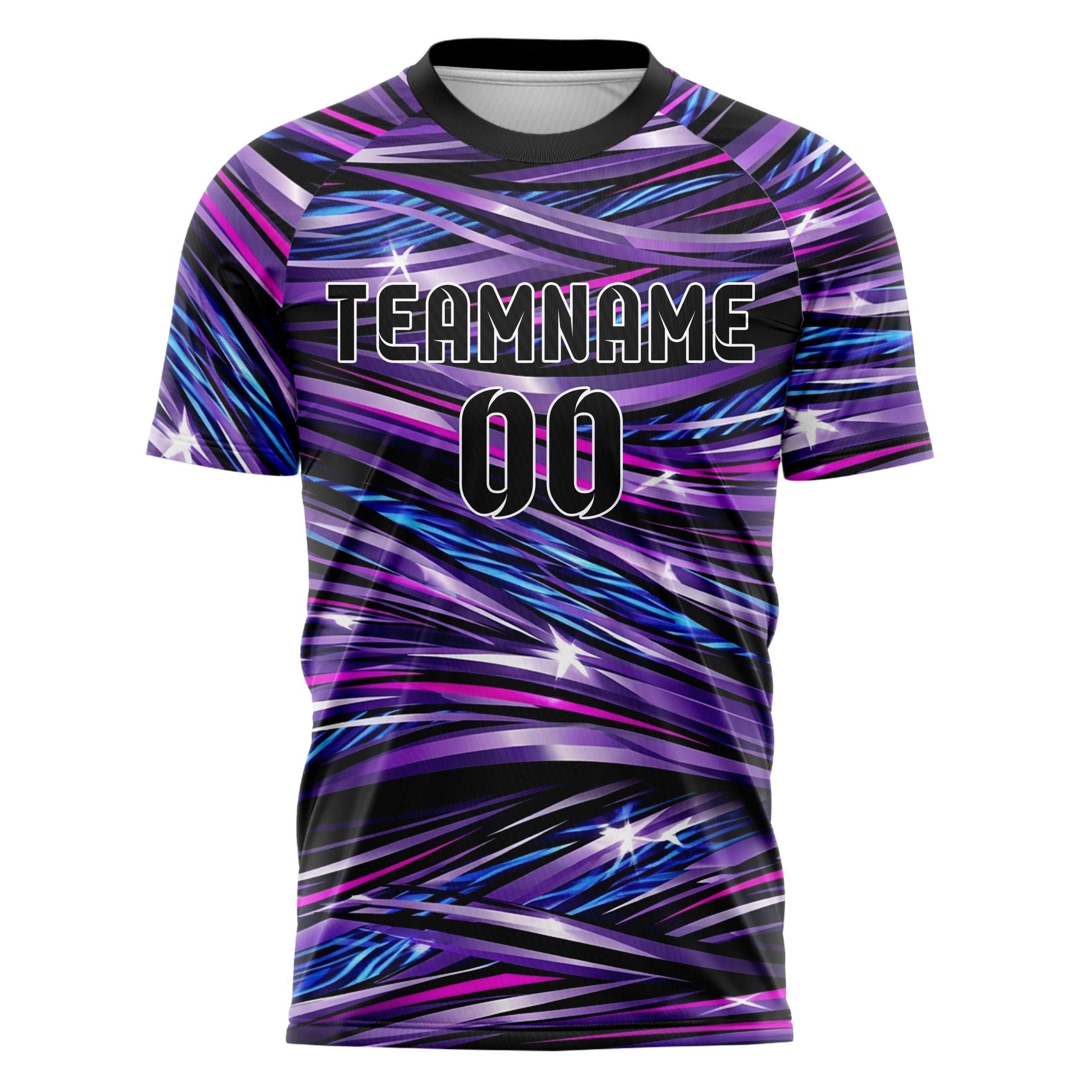 Schwarz UV Lila Elektroblau Magenta Weiß flüssig Licht Rave Strom individuelles Fußballtrikot