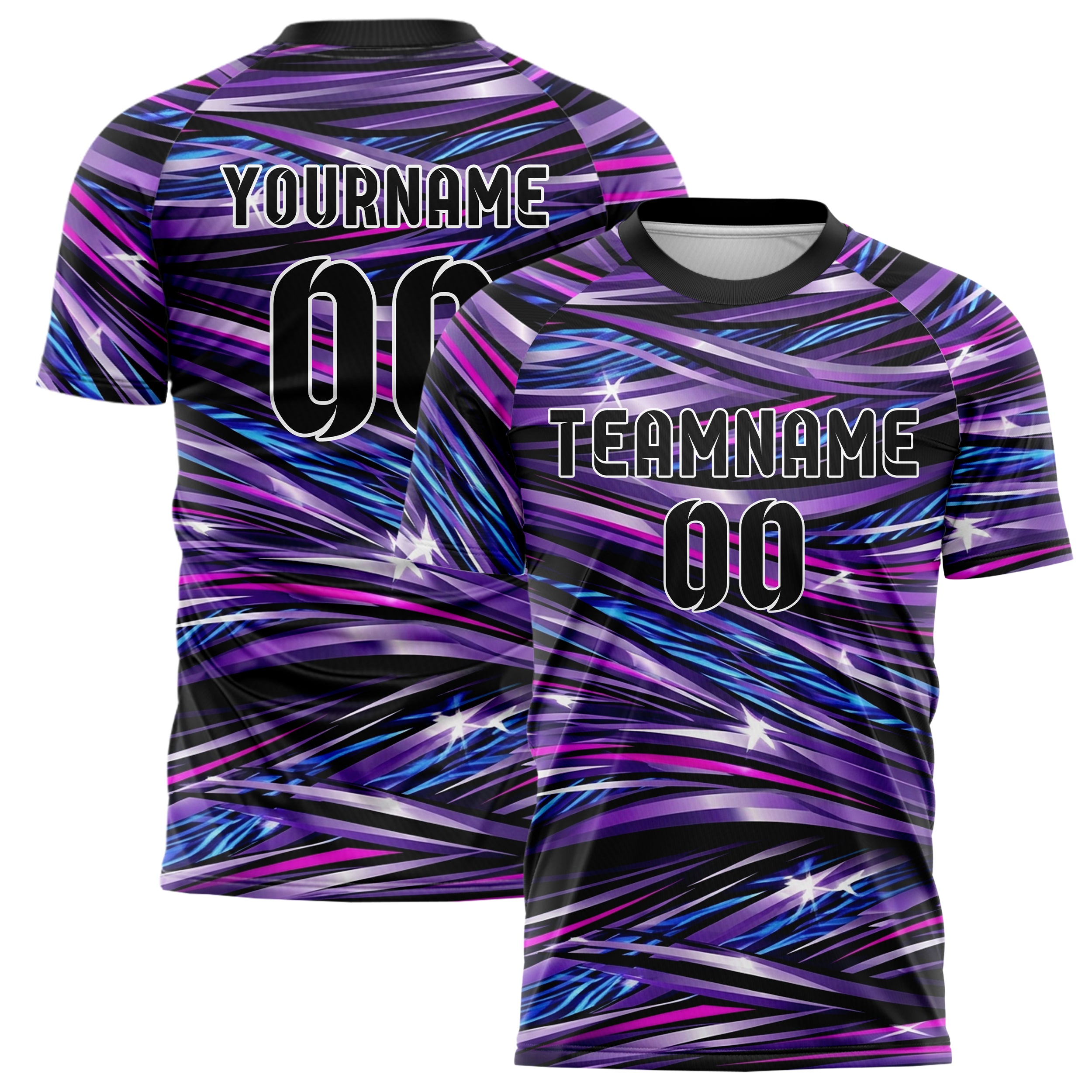 Schwarz UV Lila Elektroblau Magenta Weiß flüssig Licht Rave Strom individuelles Fußballtrikot