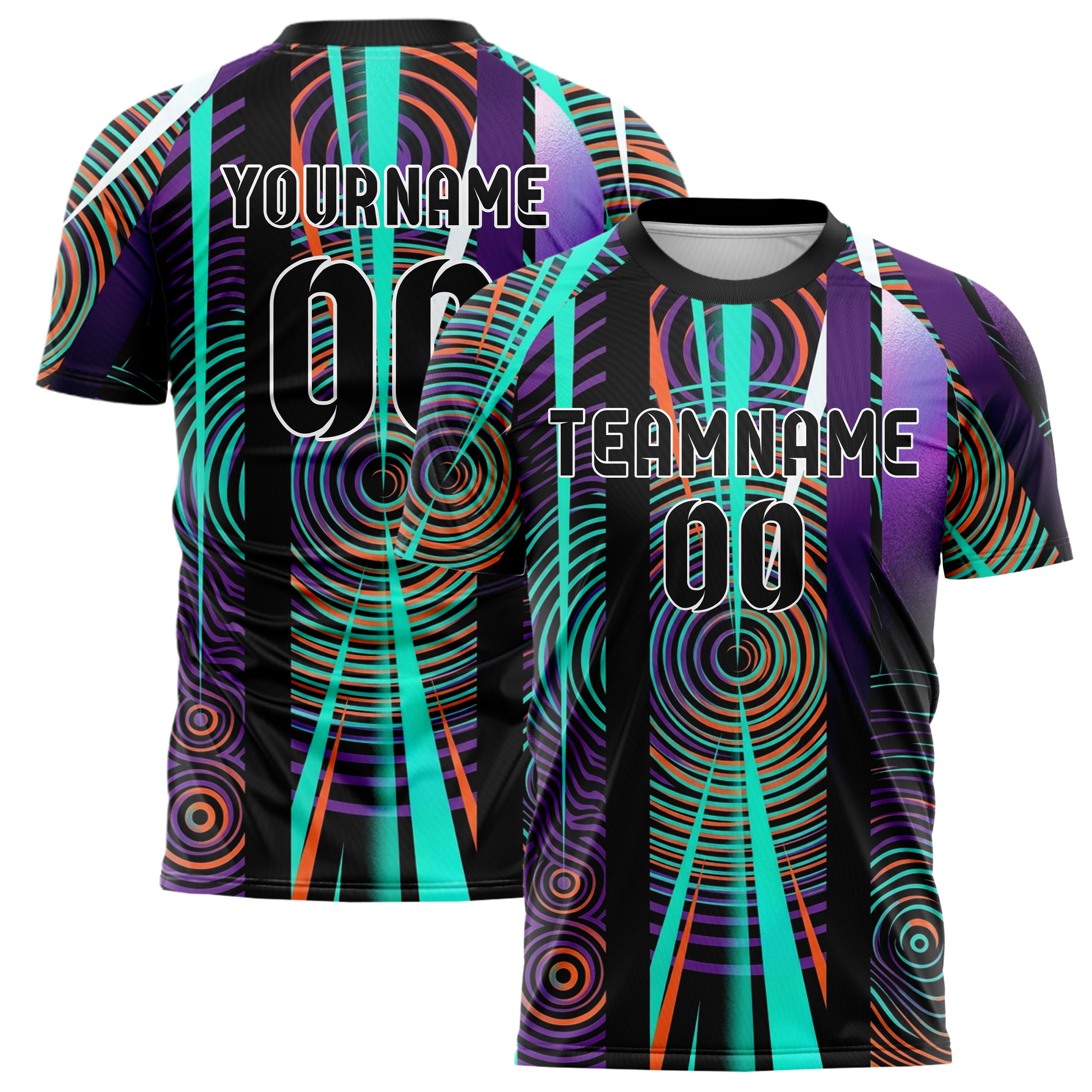 Schwarz Petrol Orange Lila Weiß psychedelisch Wellen Netzwerk individuelles Fußballtrikot