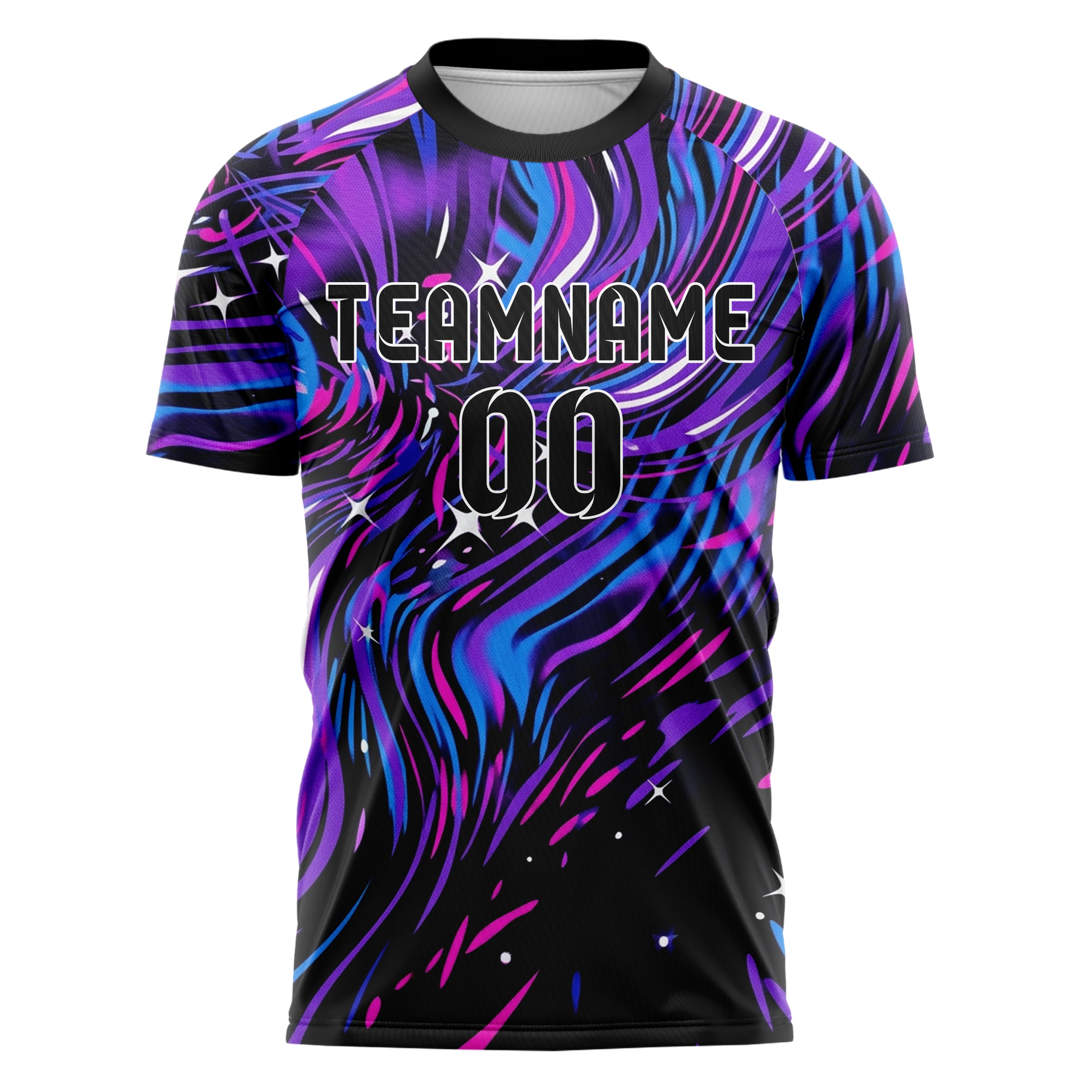 Schwarz UV Lila Elektroblau Magenta Weiß flüssig Licht Rave Strom individuelles Fußballtrikot