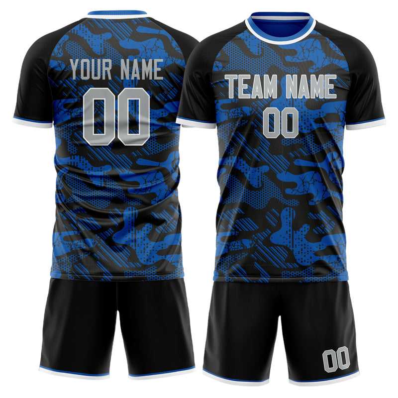 Maßgeschneidertes Professionelles Blau Schwarz Tarn Fußballtrikot-Set FT03240719JC052