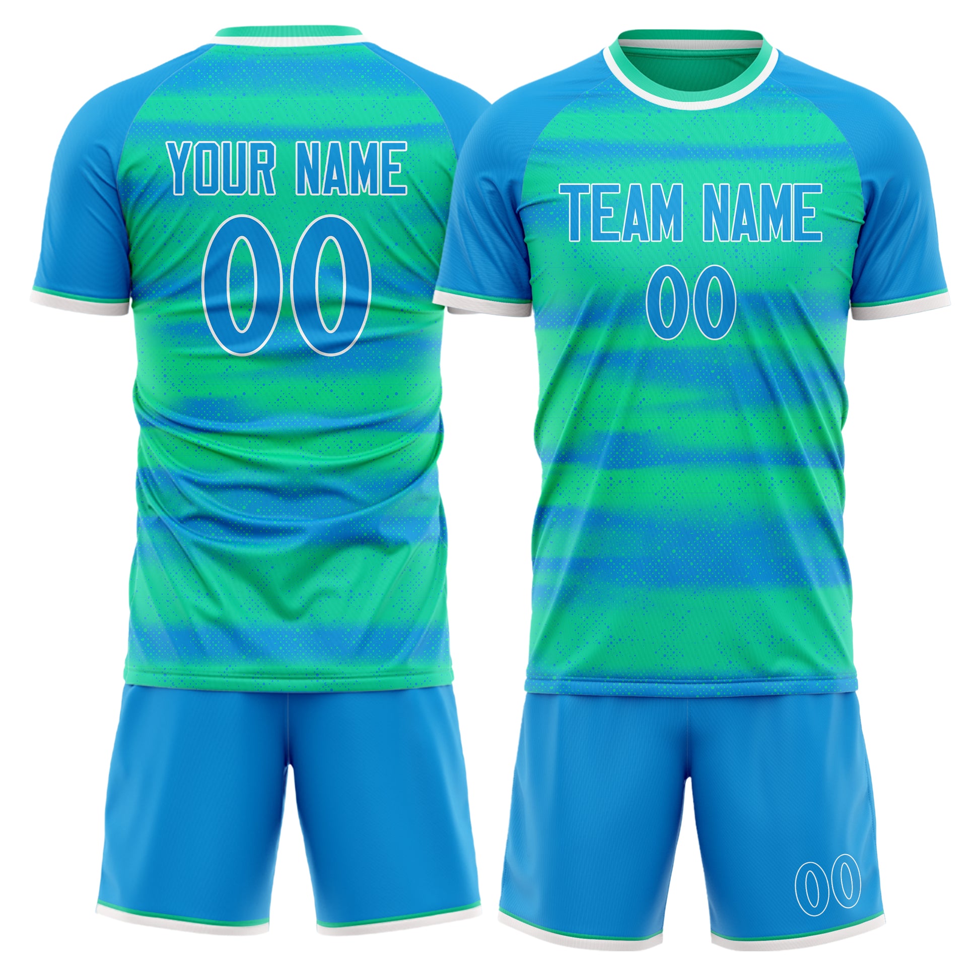 Maßgeschneidertes Professionelles Blau Blaugrün Streifen Fußballtrikot-Set FT03240719JC067