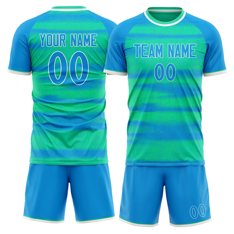 Maßgeschneidertes Professionelles Blau Blaugrün Streifen Fußballtrikot-Set FT03240719JC067