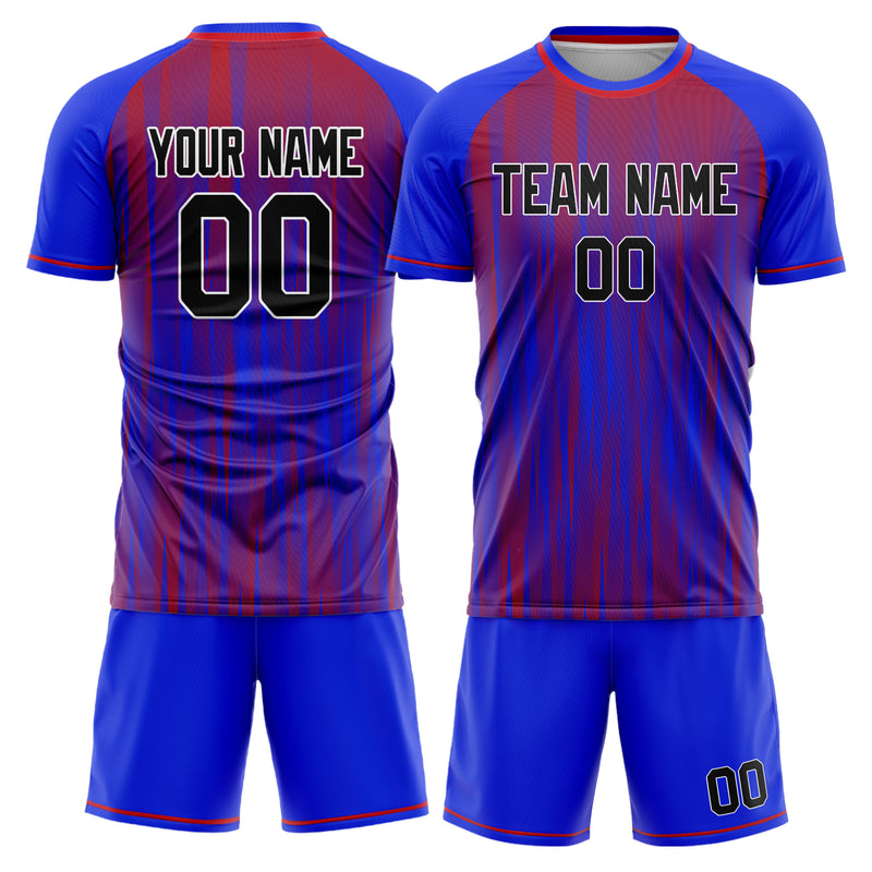 Maßgeschneidertes Professionelles Blau Rot Streifen Fußballtrikot-Set FT03240719JC074