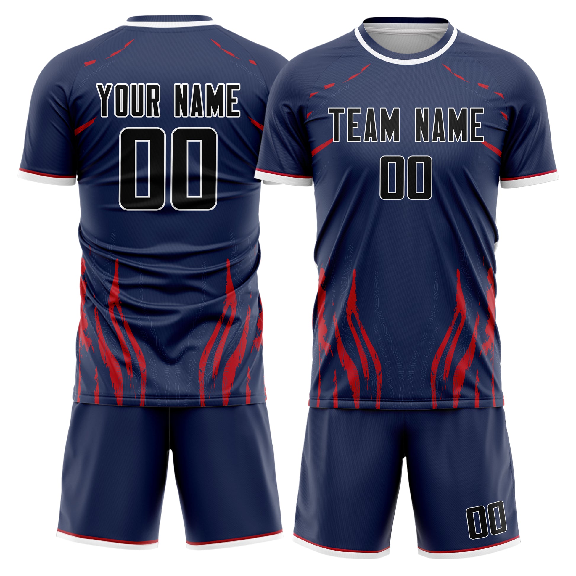 Maßgeschneidertes Professionelles Marineblau Schwarz Flammen Fußballtrikot-Set FT03240719JC078