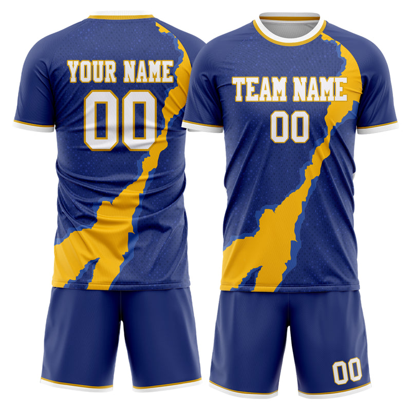Maßgeschneidertes Professionelles Marineblau Gold Zickzack Fußballtrikot-Set FT03240719JC094