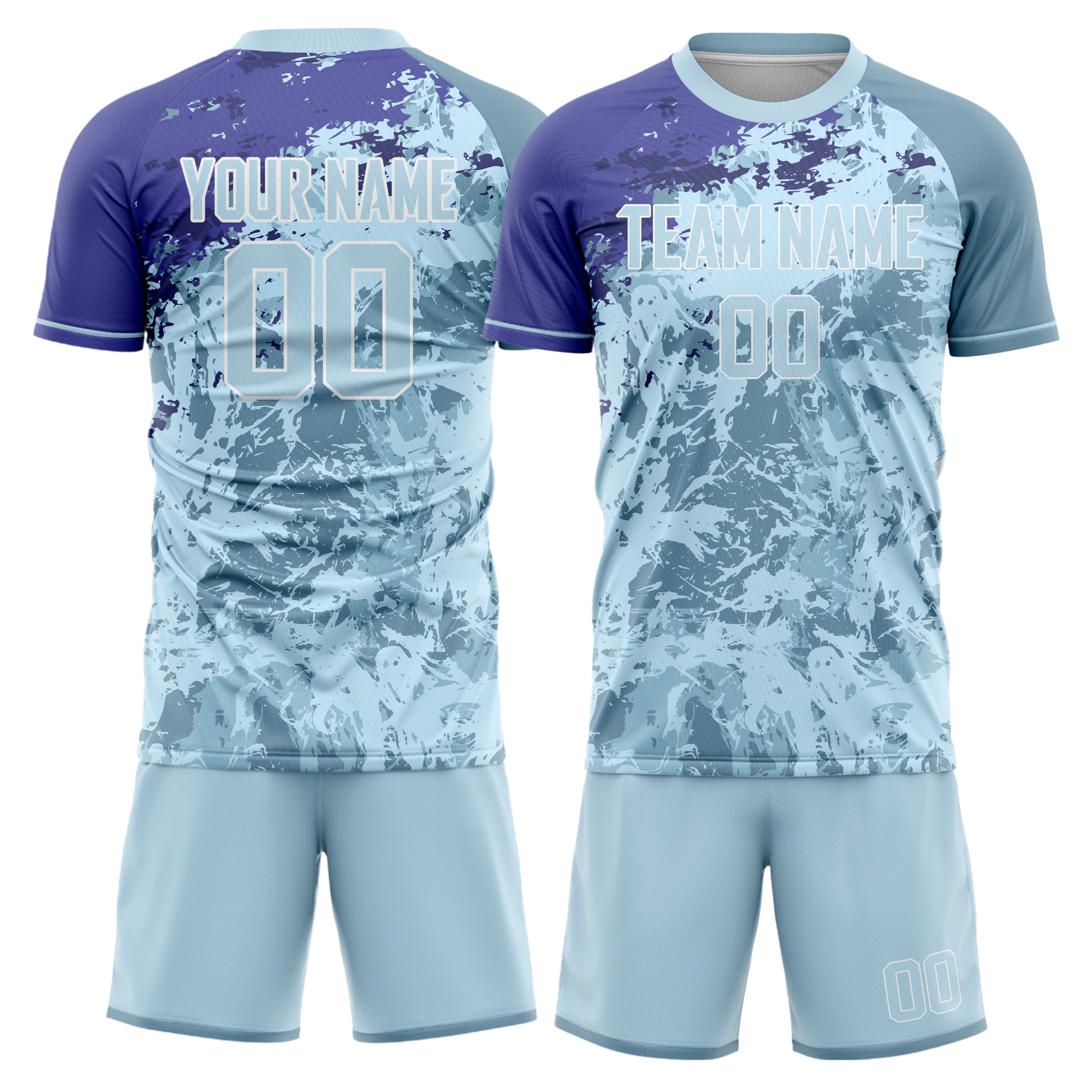 Maßgeschneidertes Professionelles Hellblau Lila Spritz Fußballtrikot-Set FT03240719JC101