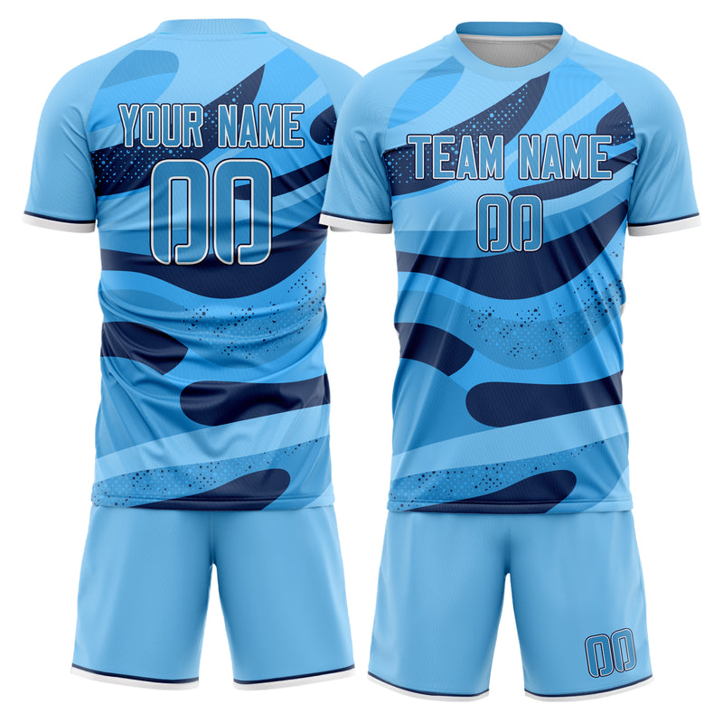 Maßgeschneidertes Professionelles Hellblau Marineblau Wellen Fußballtrikot-Set FT03240719JC116
