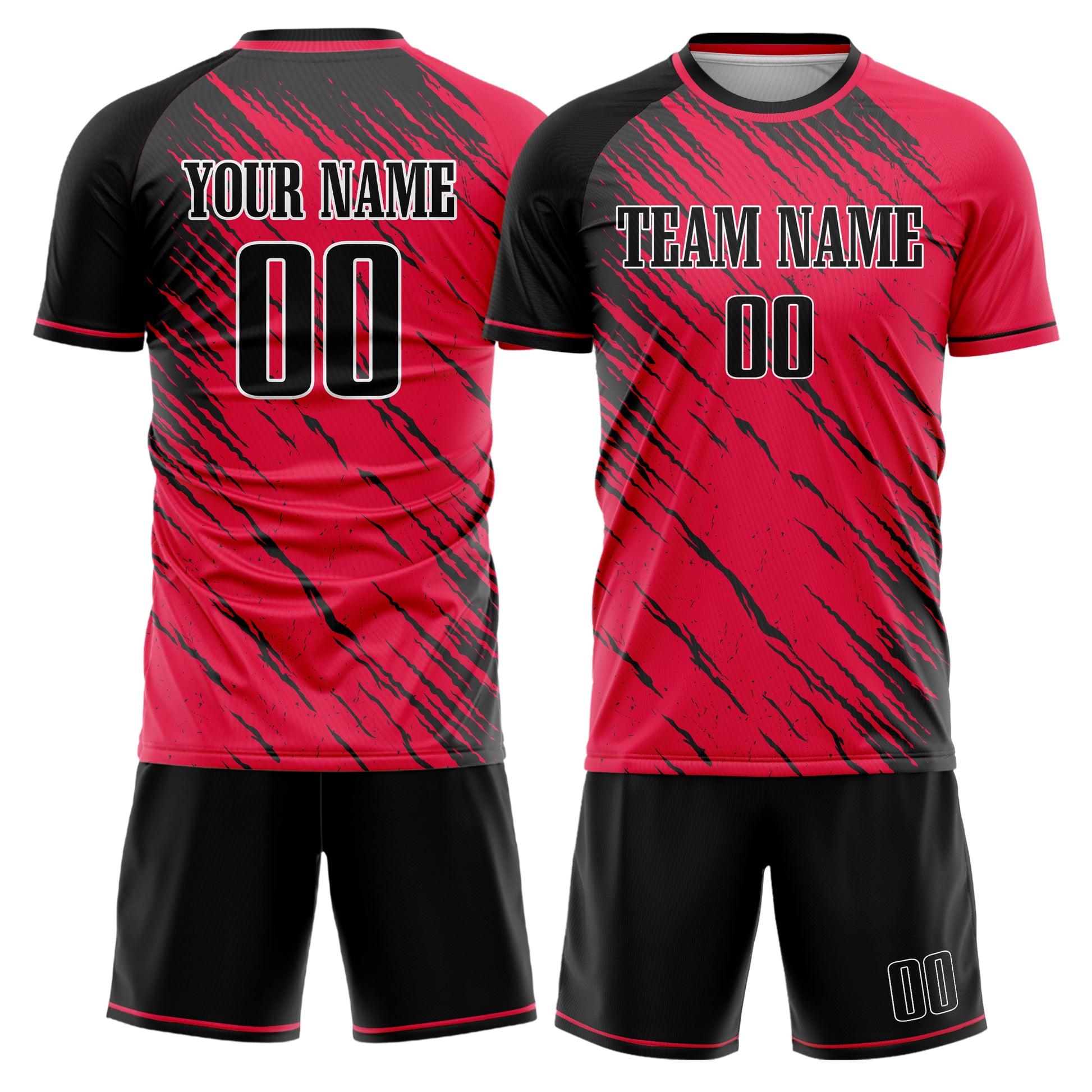 Maßgeschneidertes Professionelles Rot Schwarz Streifen Fußballtrikot-Set FT03240719JC121
