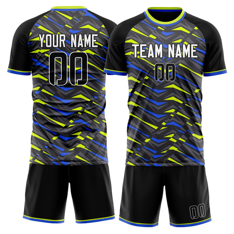 Maßgeschneidertes Professionelles Schwarz Neongrün Zickzack Fußballtrikot-Set FT03240719JG190
