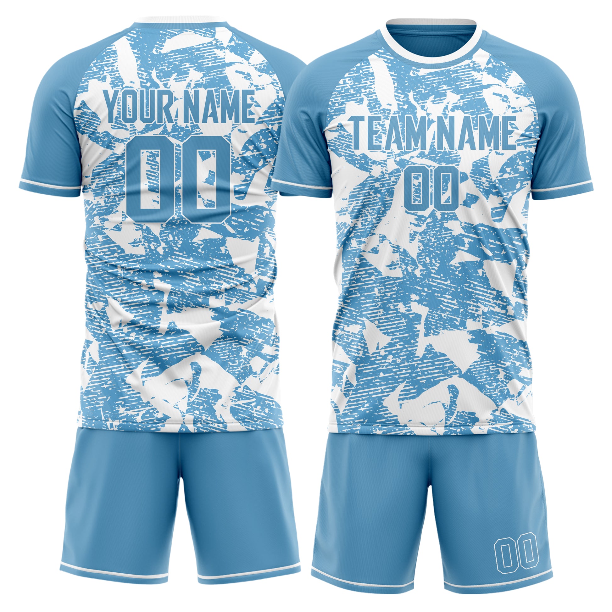 Maßgeschneidertes Professionelles Hellblau Weiß Zerrissenes Fußballtrikot-Set FT03240719JG208