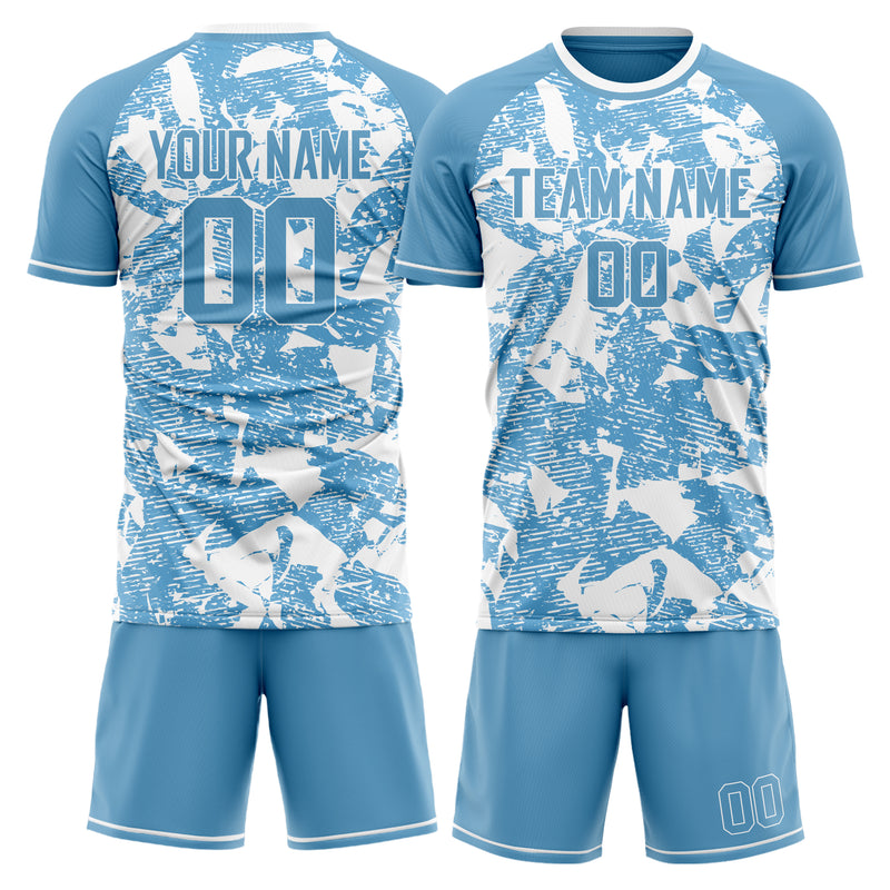 Maßgeschneidertes Professionelles Hellblau Weiß Zerrissenes Fußballtrikot-Set FT03240719JG208