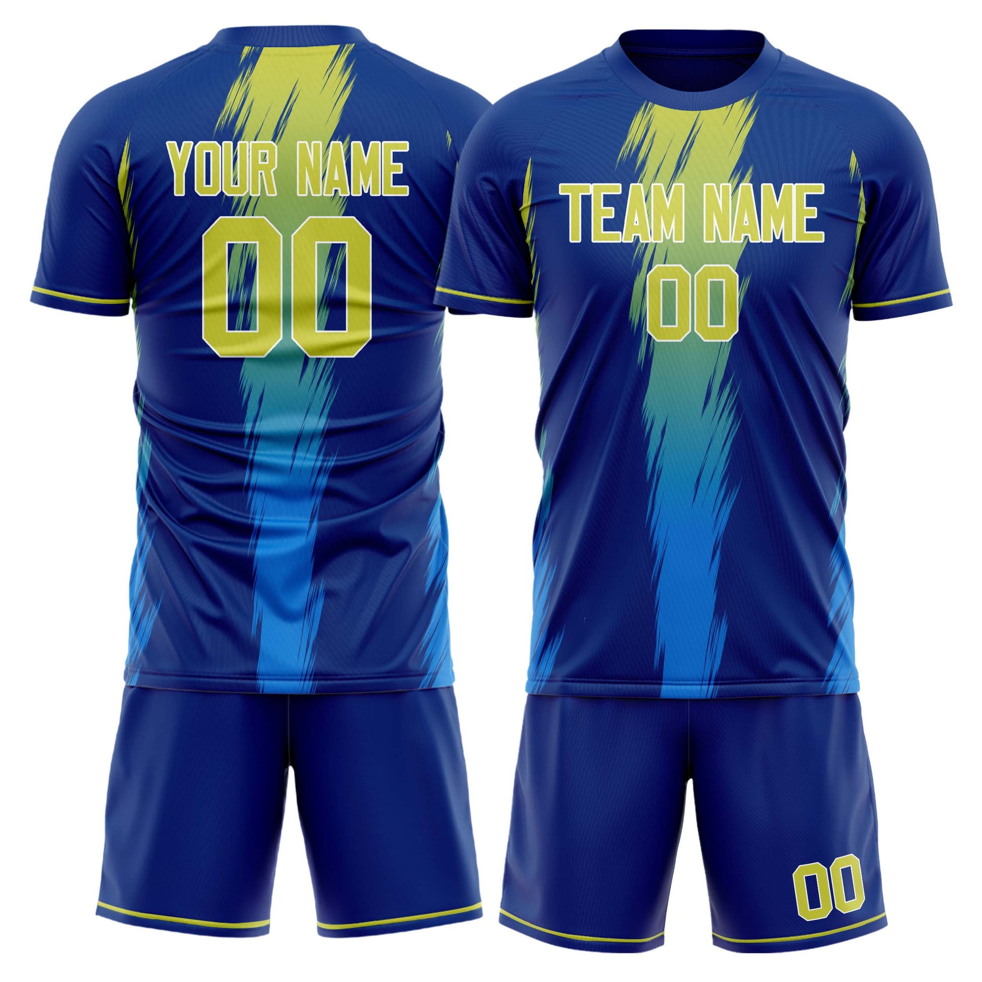 Maßgeschneidertes Professionelles Königsblau Gelb Streifen Fußballtrikot-Set FT03240719JG229