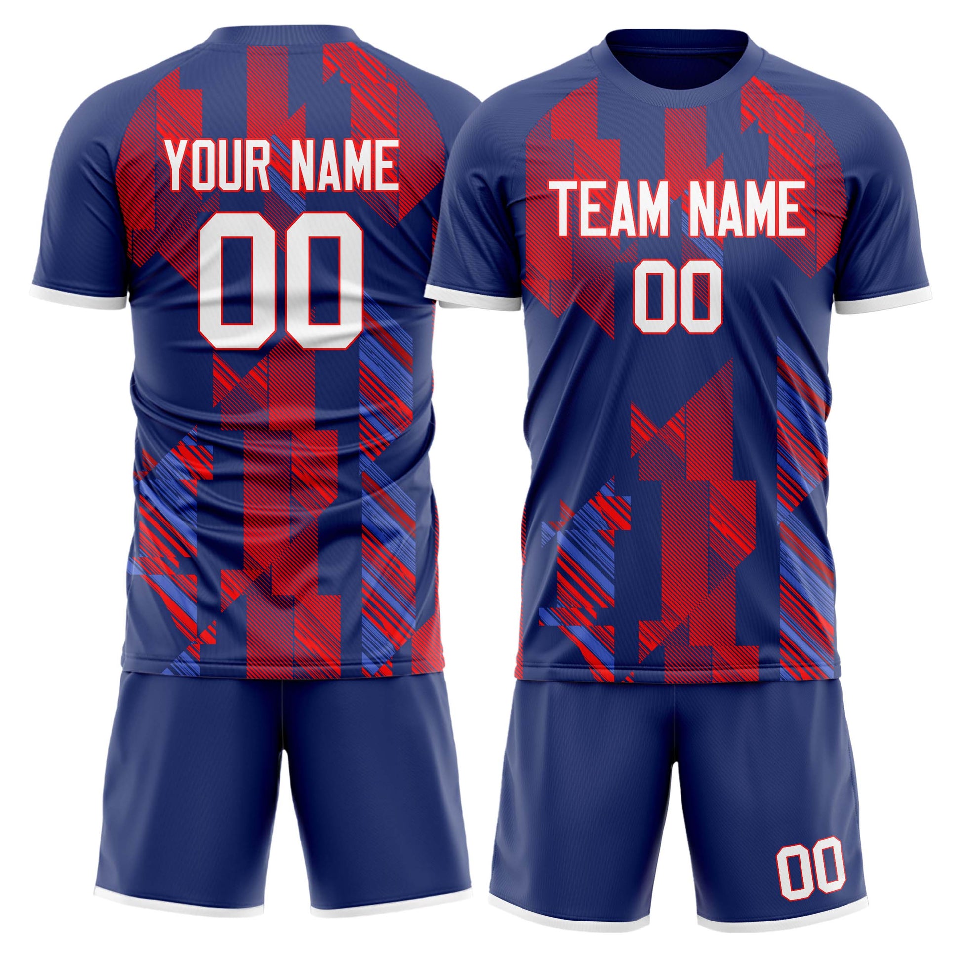 Maßgeschneidertes Professionelles Marineblau Rot Geometrisches Fußballtrikot-Set FT03240719JG235