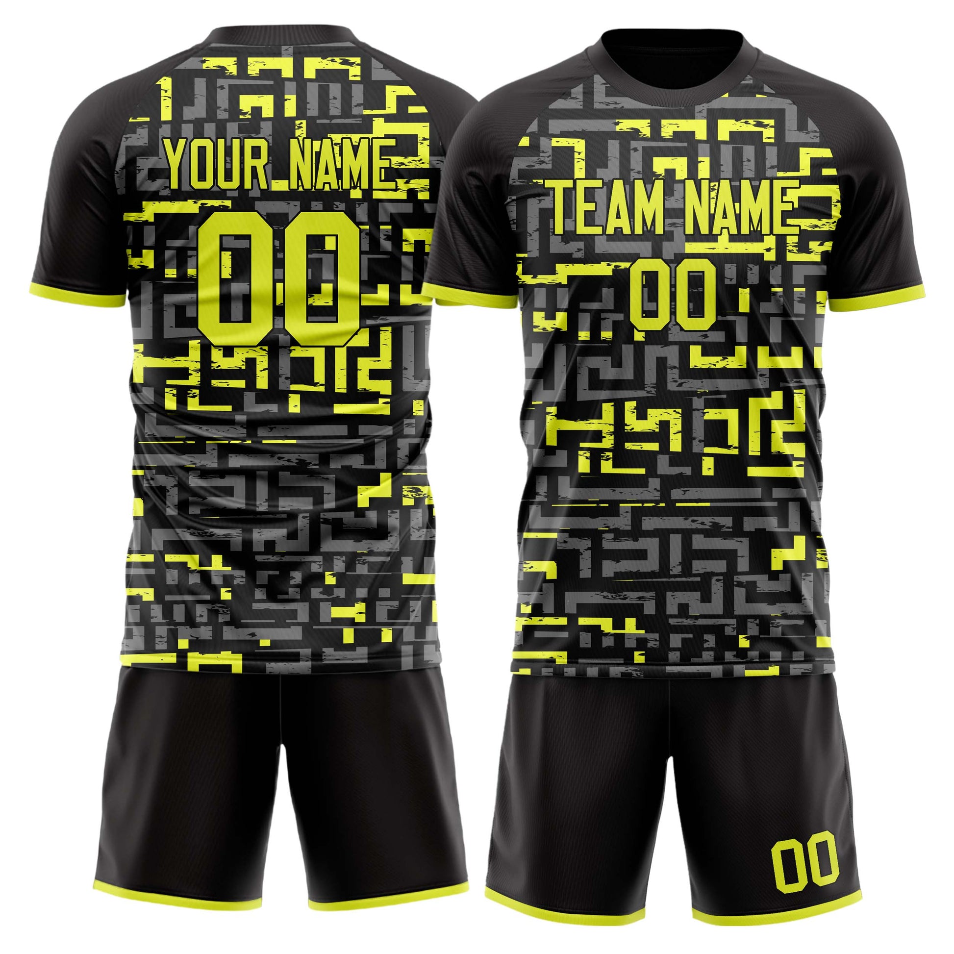 Maßgeschneidertes Professionelles Schwarz Neon Gelb Labyrinth Fußballtrikot-Set FT03240719JG238