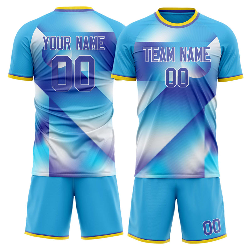 Maßgeschneidertes Professionelles Hellblau Lila Farbübergang Fußballtrikot-Set FT03240719JG275