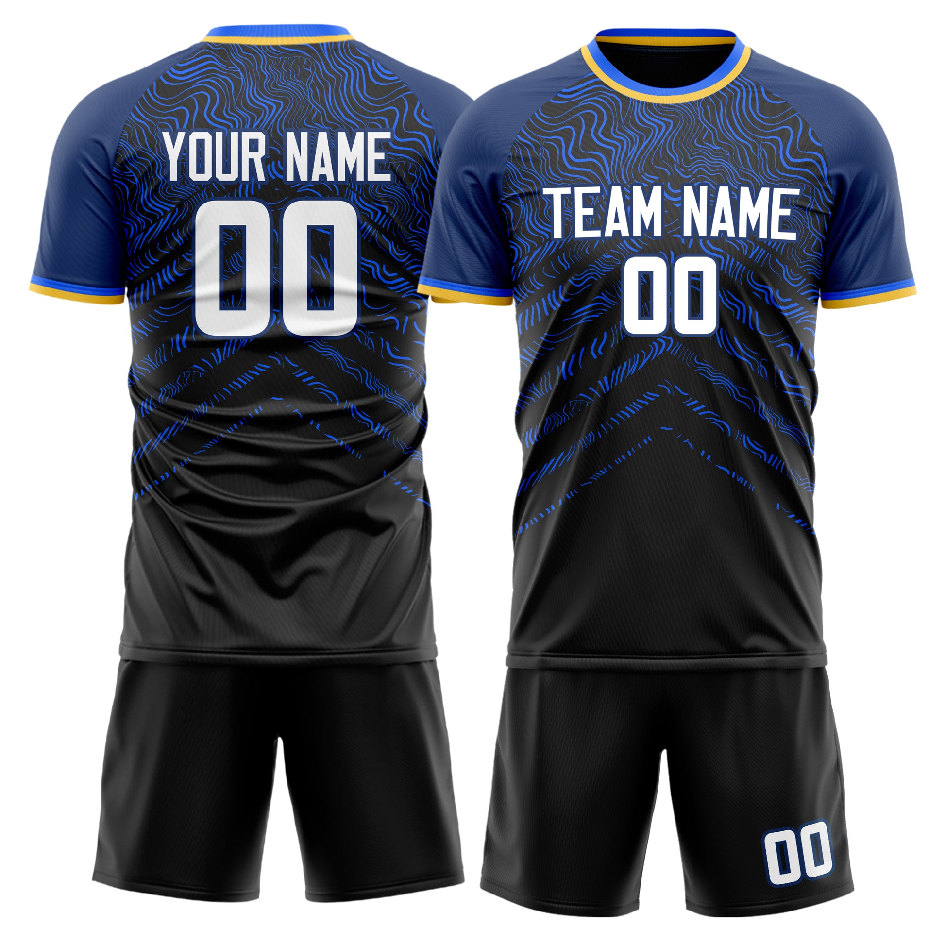Maßgeschneidertes Professionelles Schwarz Marineblau Wellen Fußballtrikot-Set FT03240719XE025