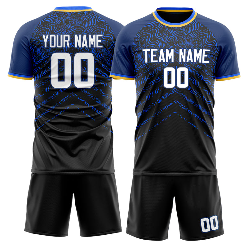 Maßgeschneidertes Professionelles Schwarz Marineblau Wellen Fußballtrikot-Set FT03240719XE025