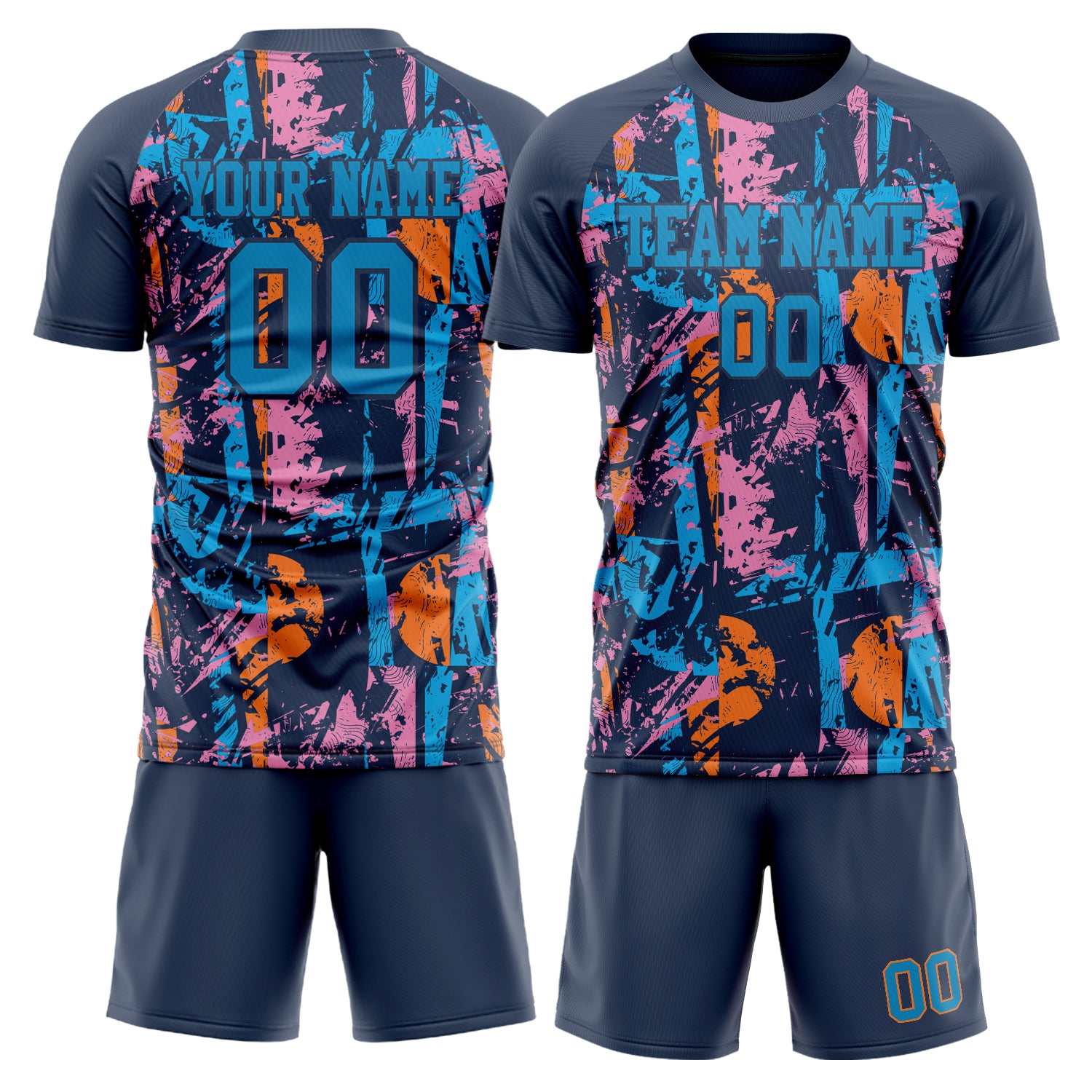 Maßgeschneidertes Professionelles Marineblau Blau Buntes Graffiti Fußballtrikot-Set FT03240719XF317