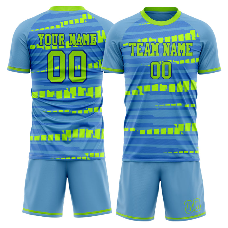 Maßgeschneidertes Professionelles Hellblau Neongrün Dreieck Fußballtrikot-Set FT03240719XF349