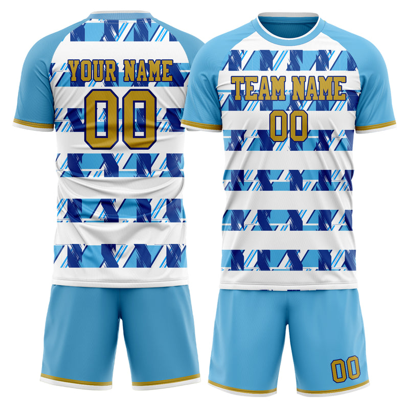 Maßgeschneidertes Professionelles Hellblau Weiß Spritz Fußballtrikot-Set FT03240719XF352