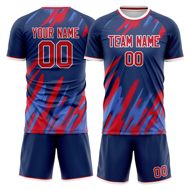 Maßgeschneidertes Professionelles Marineblau Rot Geometrisches Fußballtrikot-Set FT03240719ZX441