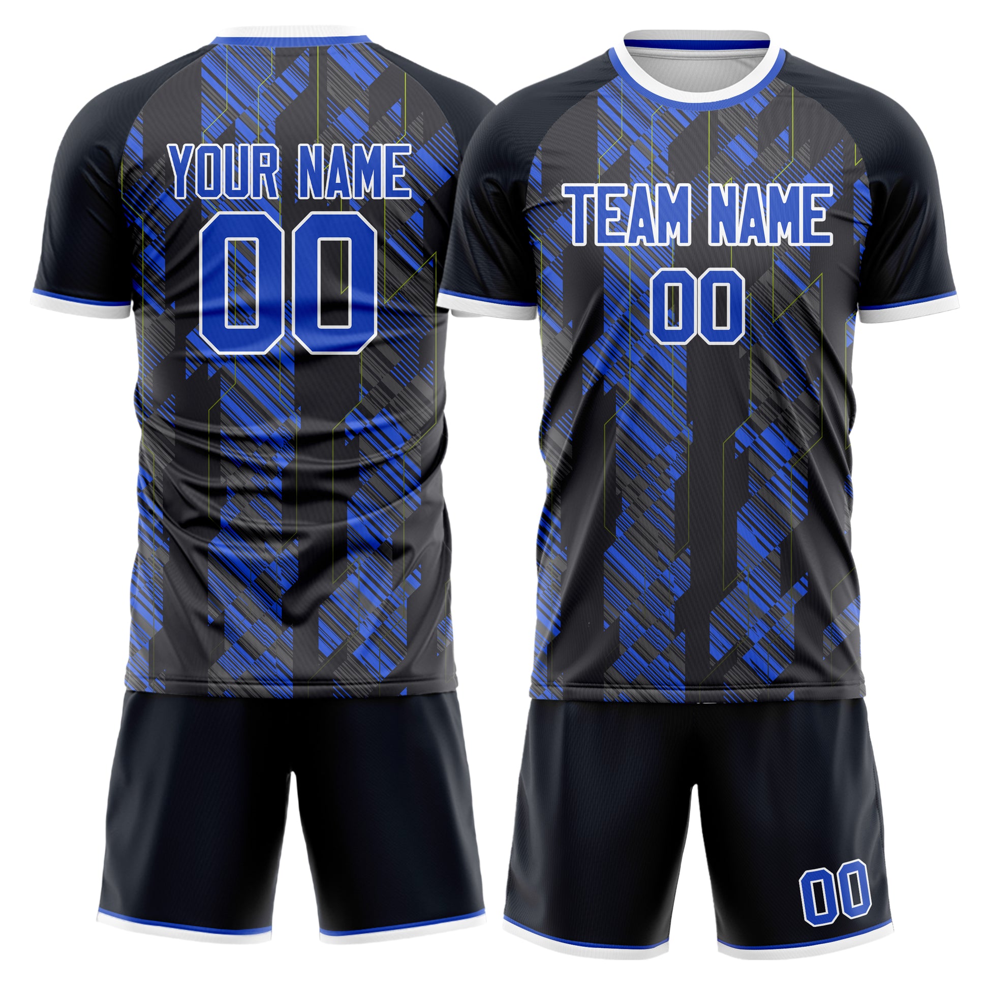Maßgeschneidertes Professionelles Schwarz Königsblau Linien Stil Fußballtrikot-Set FT03240719ZX453