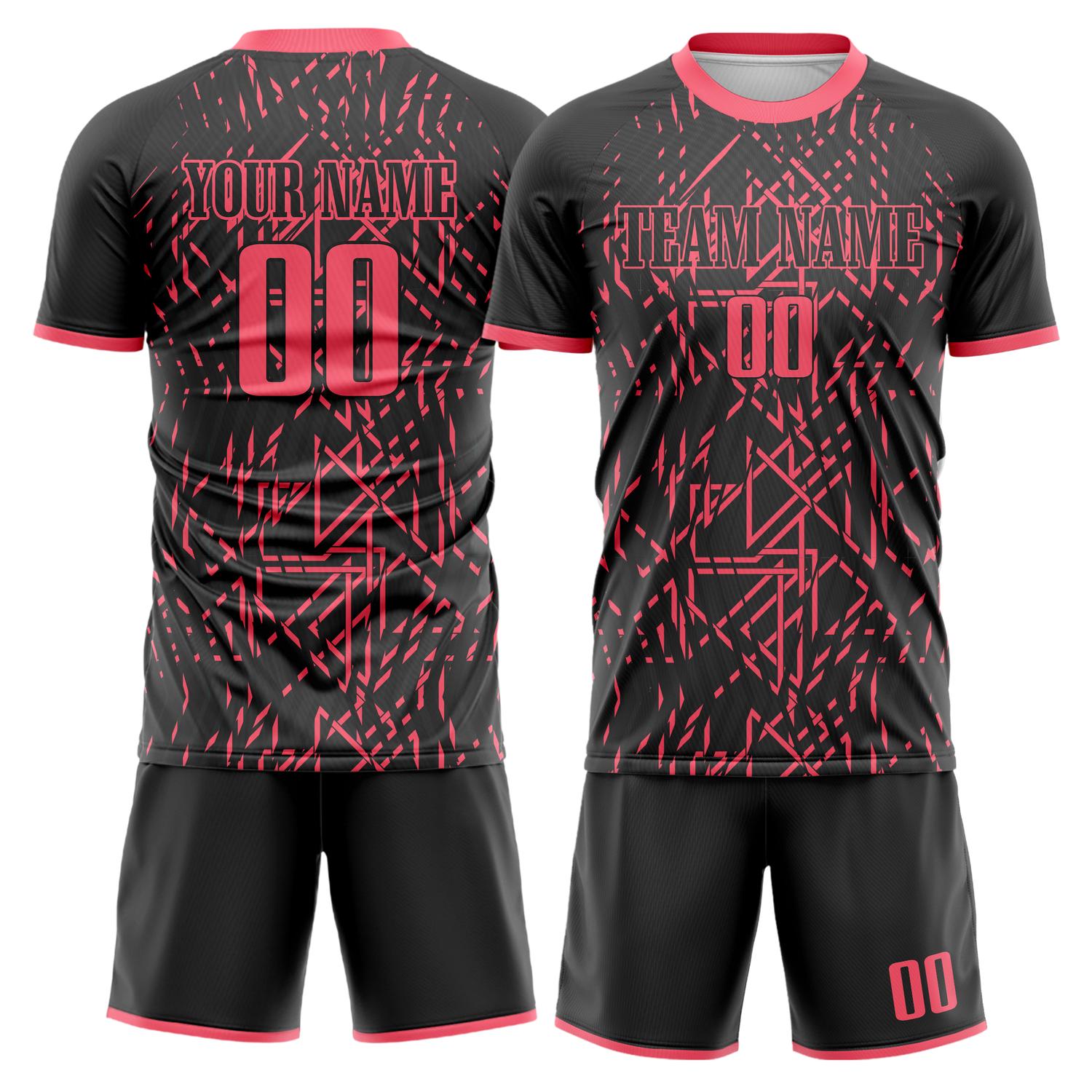 Maßgeschneidertes Professionelles Schwarz Rosa Linien Fußballtrikot-Set FT03240809JC047