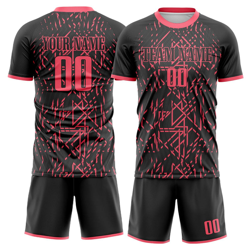 Maßgeschneidertes Professionelles Schwarz Rosa Linien Fußballtrikot-Set FT03240809JC047