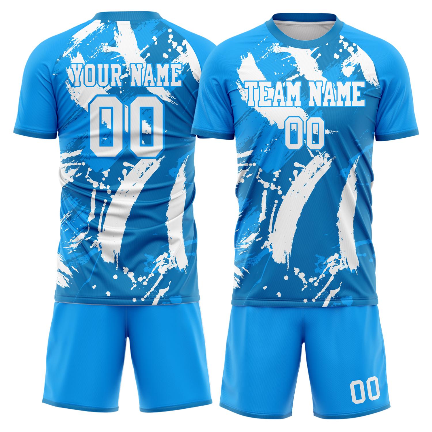Maßgeschneidertes Professionelles Blau Weiß Pinselstriche Fußballtrikot-Set FT03240809JC120