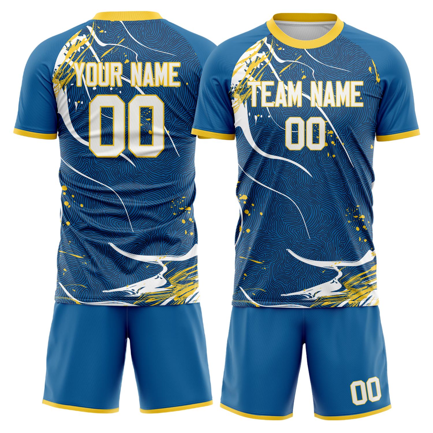 Maßgeschneidertes Professionelles Marineblau Weiß Strudel Fußballtrikot-Set FT03240809JC130