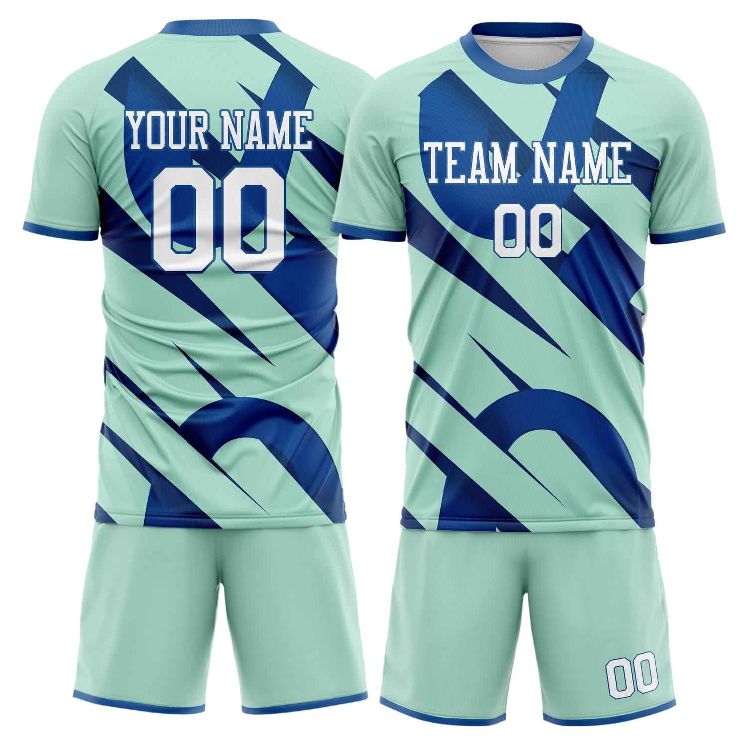 Maßgeschneidertes Professionelles Blaugrün Blau Geometrisch Fußballtrikot-Set FT03240809JC138